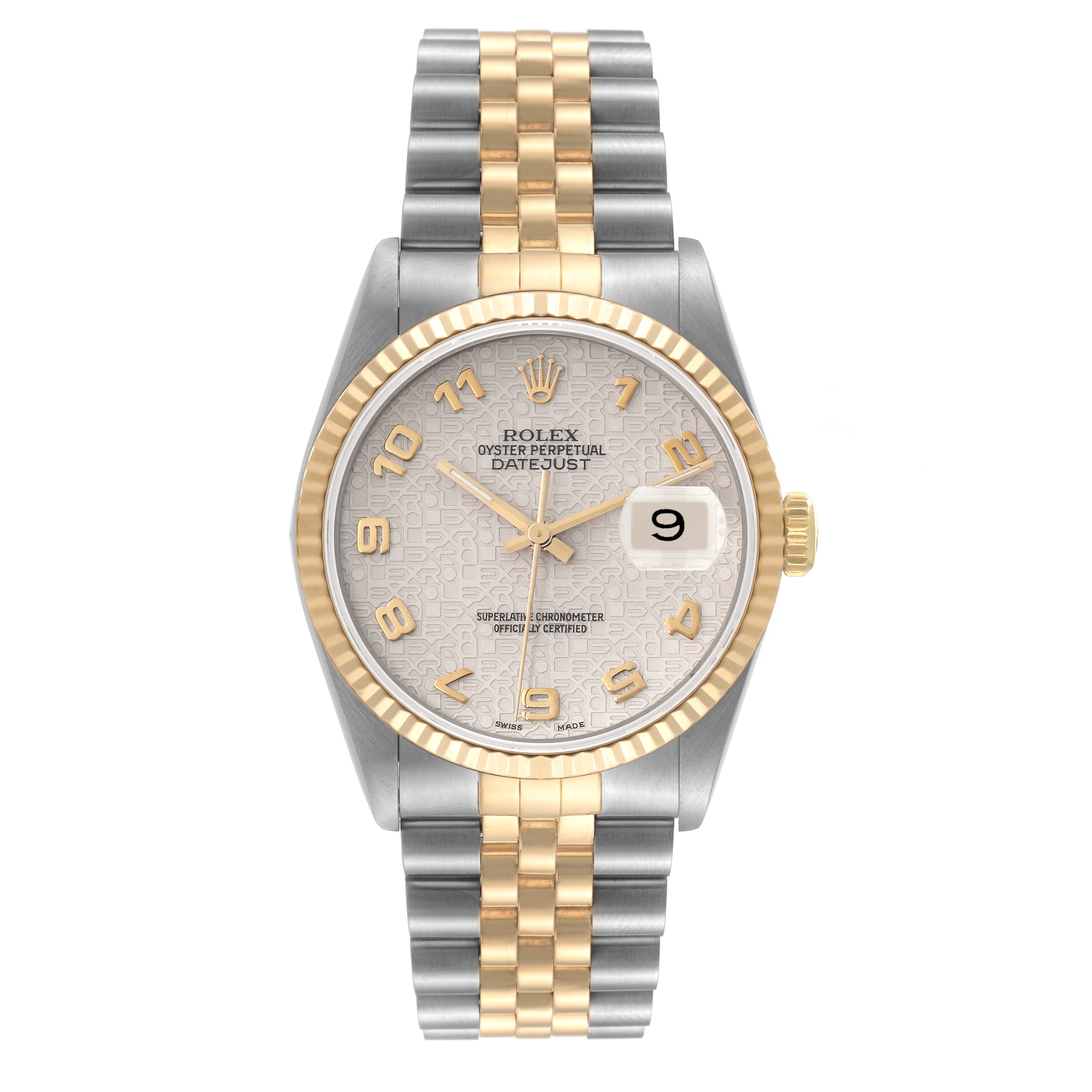 The image shows a front view of a Rolex Datejust 16233 Men's Steel and Gold (two tone) Beige Dial 16233 Men's Steel and Gold (two tone) Beige Dial watch, highlighting its dial, bezel, and two-tone bracelet.