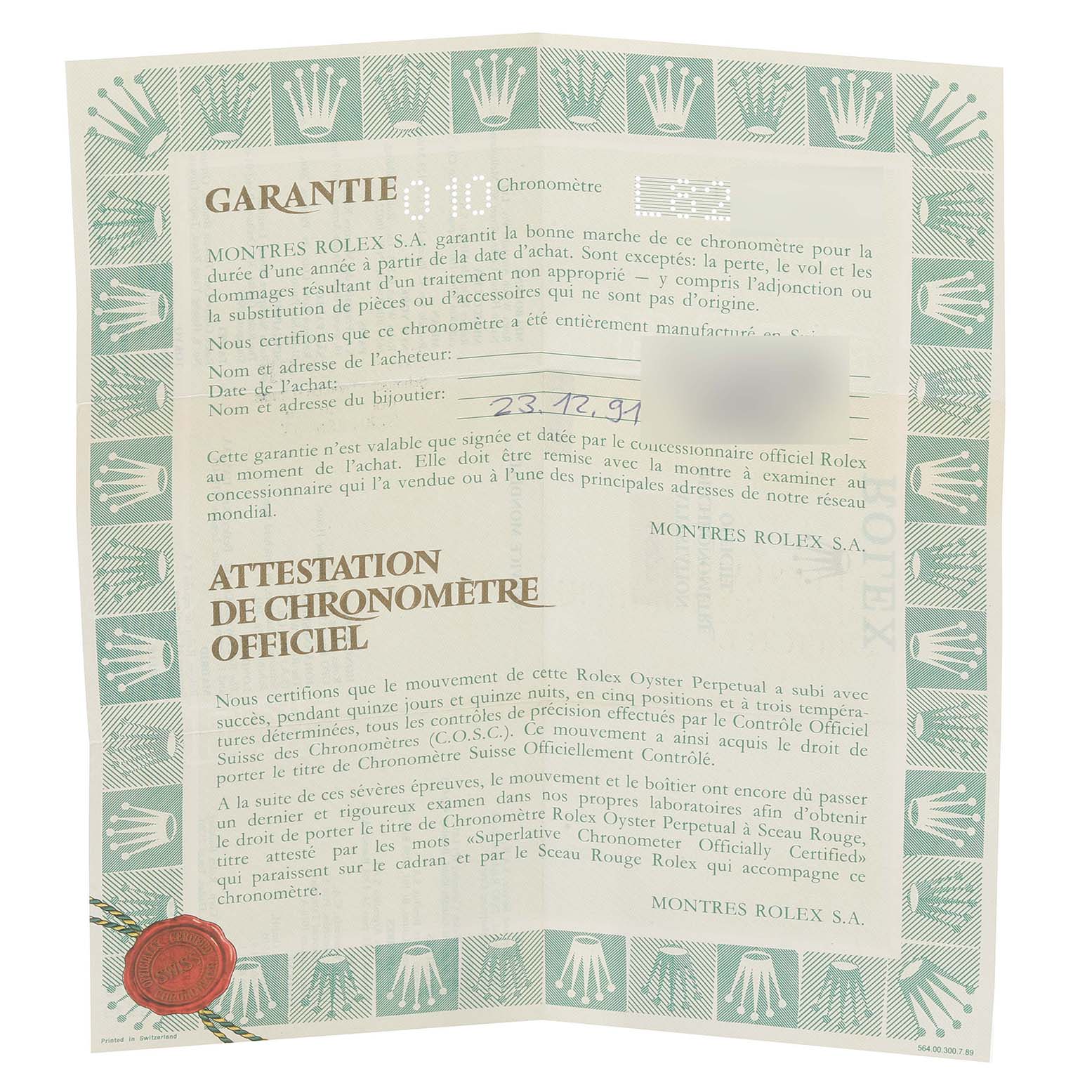 The image shows the warranty and official chronometer certification for a Rolex Datejust 16233 Men's Steel and Gold (two tone) Beige Dial 16233 Men's Steel and Gold (two tone) Beige Dial watch.