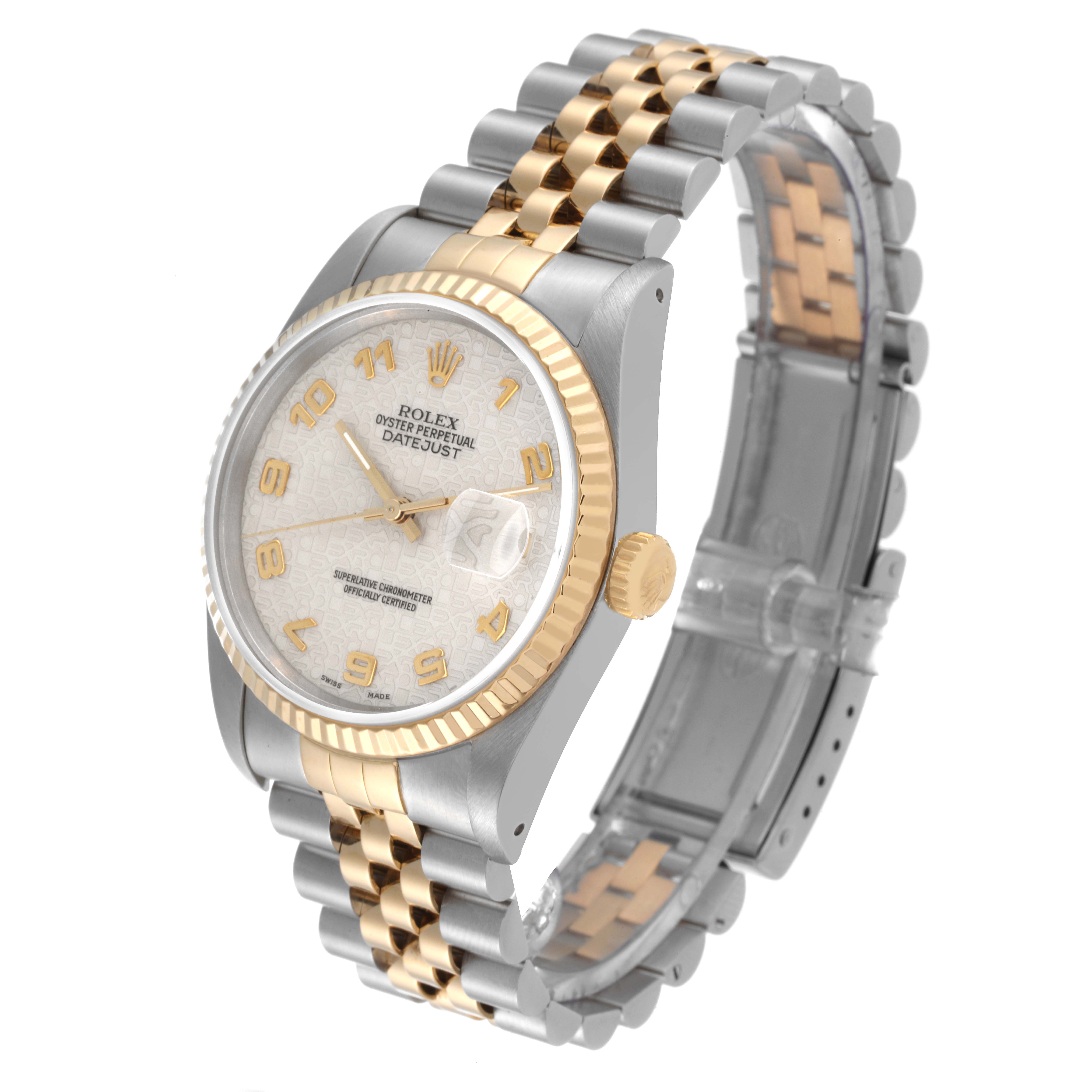 The Rolex Datejust 16233 Men's Steel and Gold (two tone) Beige Dial 16233 Men's Steel and Gold (two tone) Beige Dial watch is shown at a three-quarter angle, displaying its face, bezel, crown, and bracelet.
