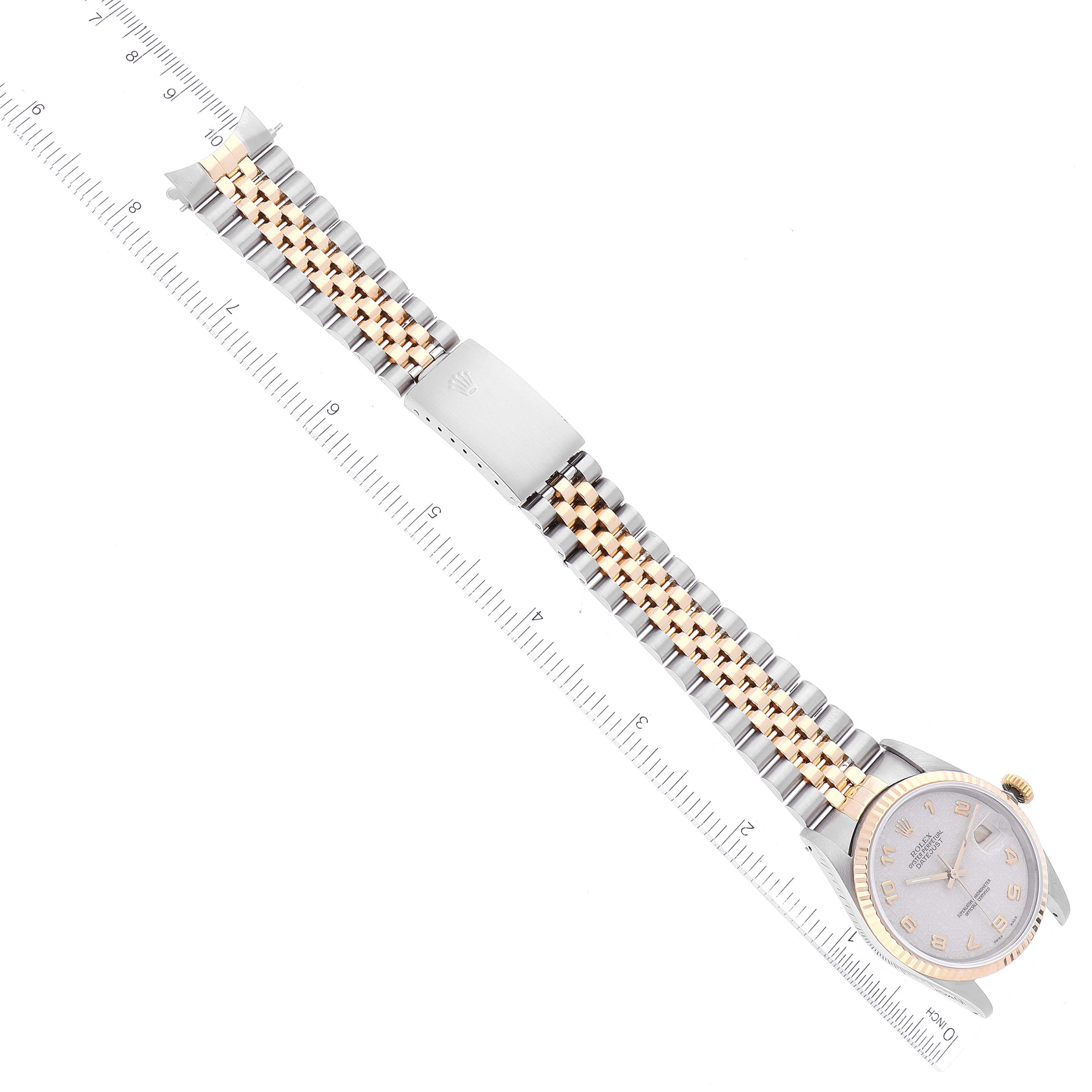 The image shows a Rolex Datejust 16233 Men's Steel and Gold (two tone) Beige Dial 16233 Men's Steel and Gold (two tone) Beige Dial watch laid flat, displaying its face, bezel, and two-tone bracelet with the clasp exposed.