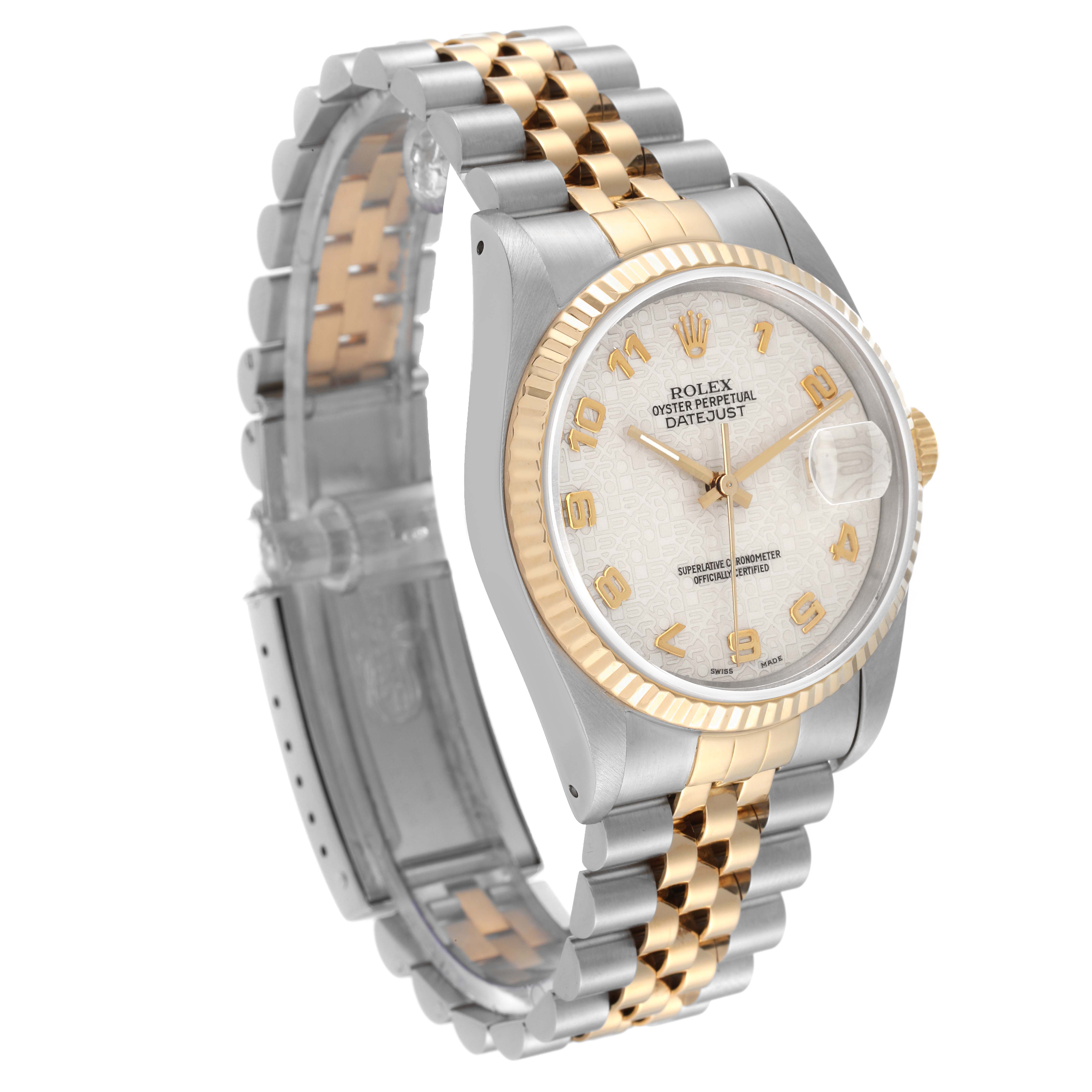 The image shows a Rolex Datejust 16233 Men's Steel and Gold (two tone) Beige Dial 16233 Men's Steel and Gold (two tone) Beige Dial watch at a slight angle, highlighting its two-tone bracelet, bezel, and face.
