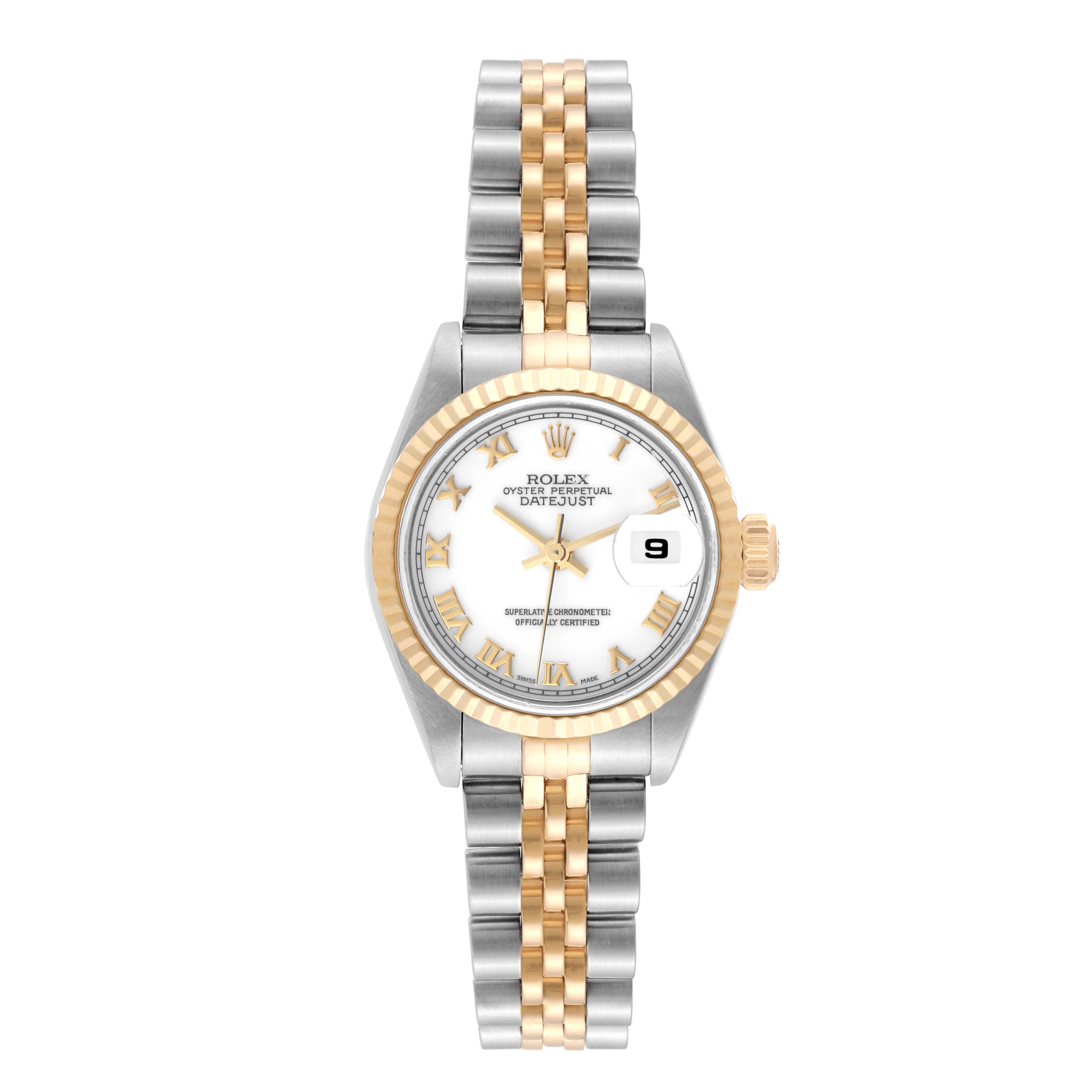 This image shows a front view of a Rolex Datejust 79173 Women's Steel and Gold (two tone) White Dial 79173 Women's Steel and Gold (two tone) White Dial watch, highlighting its dial, bezel, and two-tone bracelet.