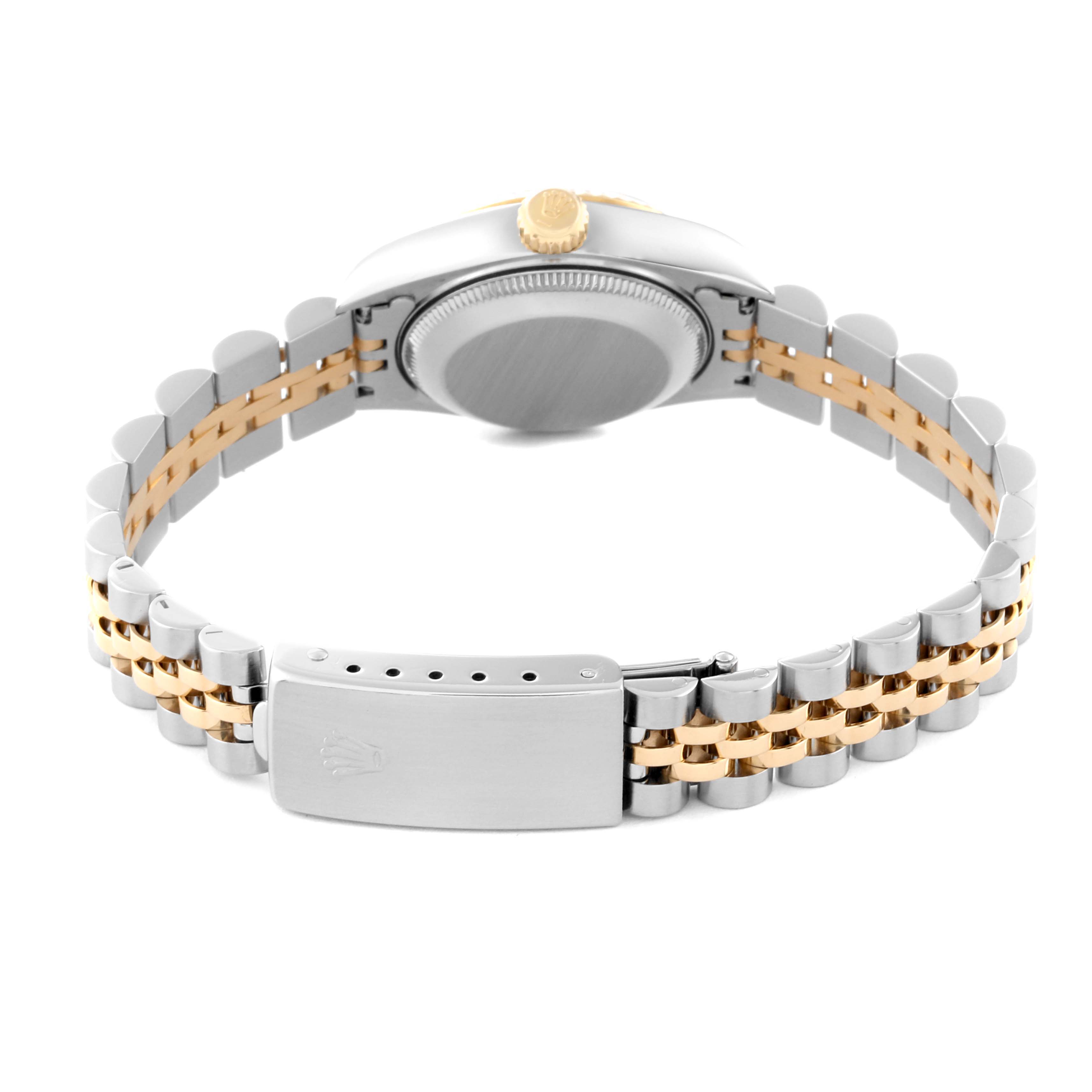 This image shows the back of the Rolex Datejust 79173 Women's Steel and Gold (two tone) White Dial 79173 Women's Steel and Gold (two tone) White Dial watch, highlighting its two-tone bracelet and clasp.
