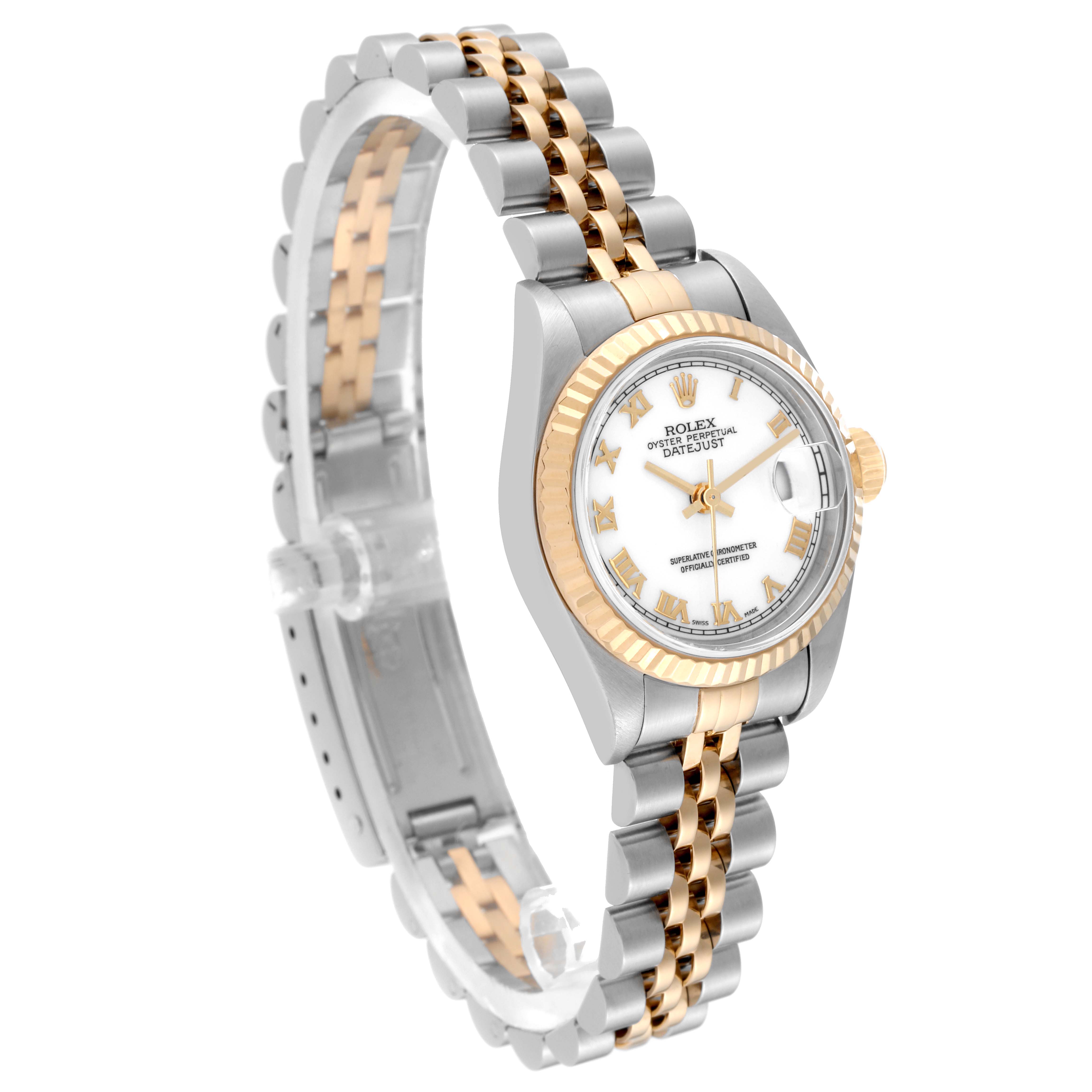 This image shows a Rolex Datejust 79173 Women's Steel and Gold (two tone) White Dial 79173 Women's Steel and Gold (two tone) White Dial watch at a front-left angle, highlighting its two-tone bracelet and fluted bezel.