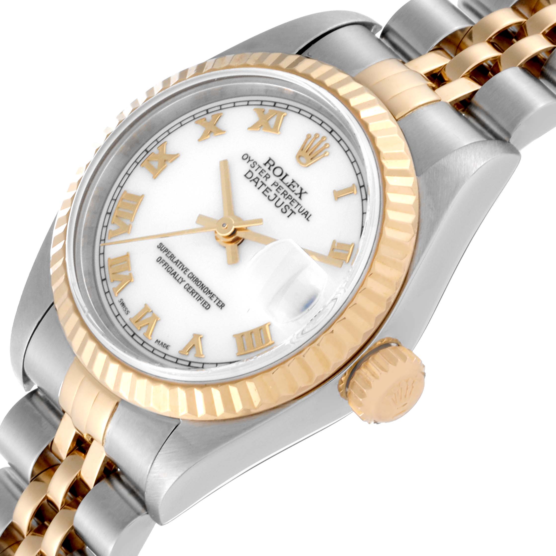 The image shows a close-up, side-angle view of a Rolex Datejust 79173 Women's Steel and Gold (two tone) White Dial 79173 Women's Steel and Gold (two tone) White Dial watch, highlighting the dial, crown, and bracelet.