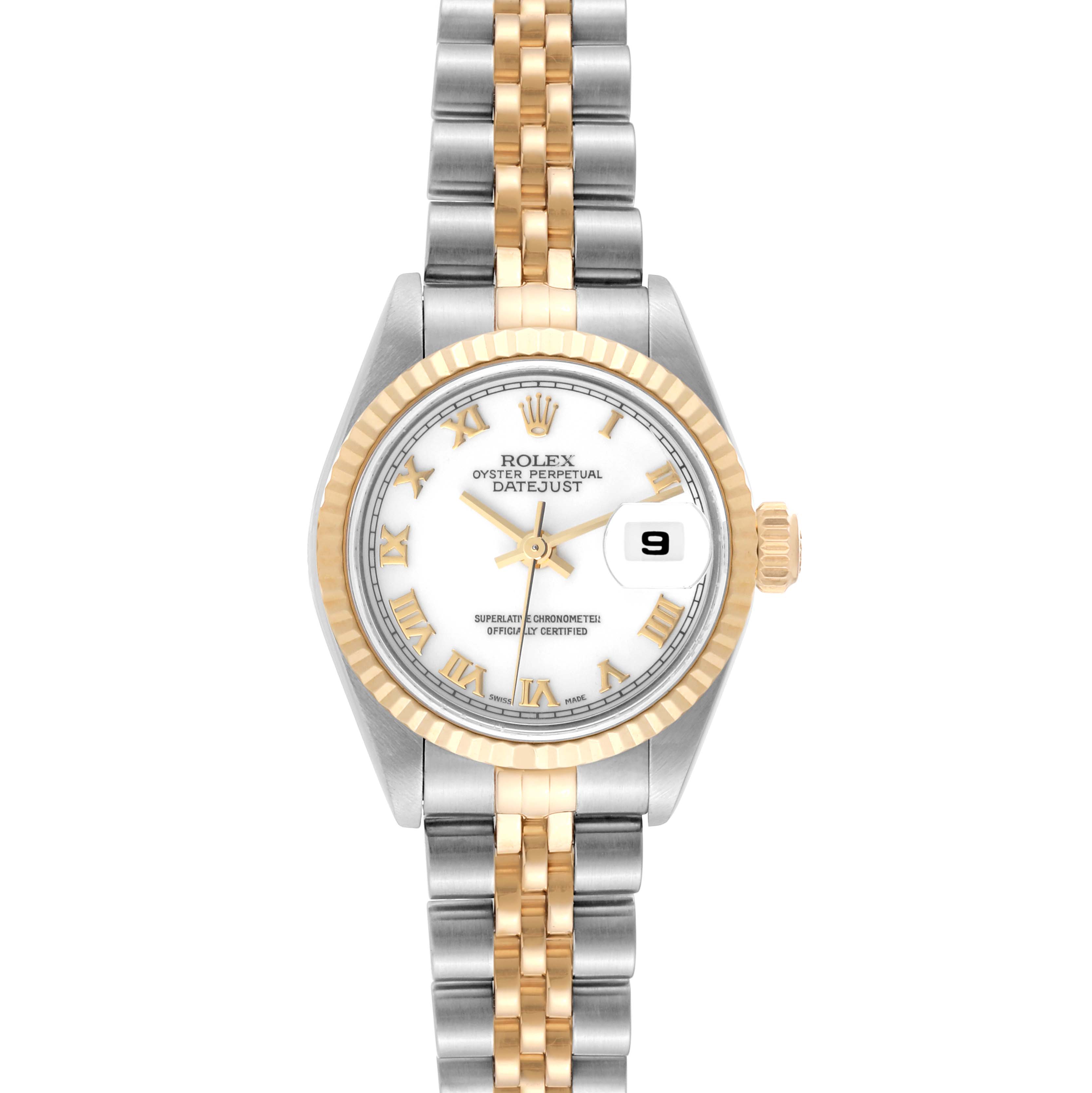 This image shows a frontal view of a Rolex Datejust 79173 Women's Steel and Gold (two tone) White Dial 79173 Women's Steel and Gold (two tone) White Dial watch, featuring a two-tone bracelet, fluted bezel, and white dial with Roman numerals.