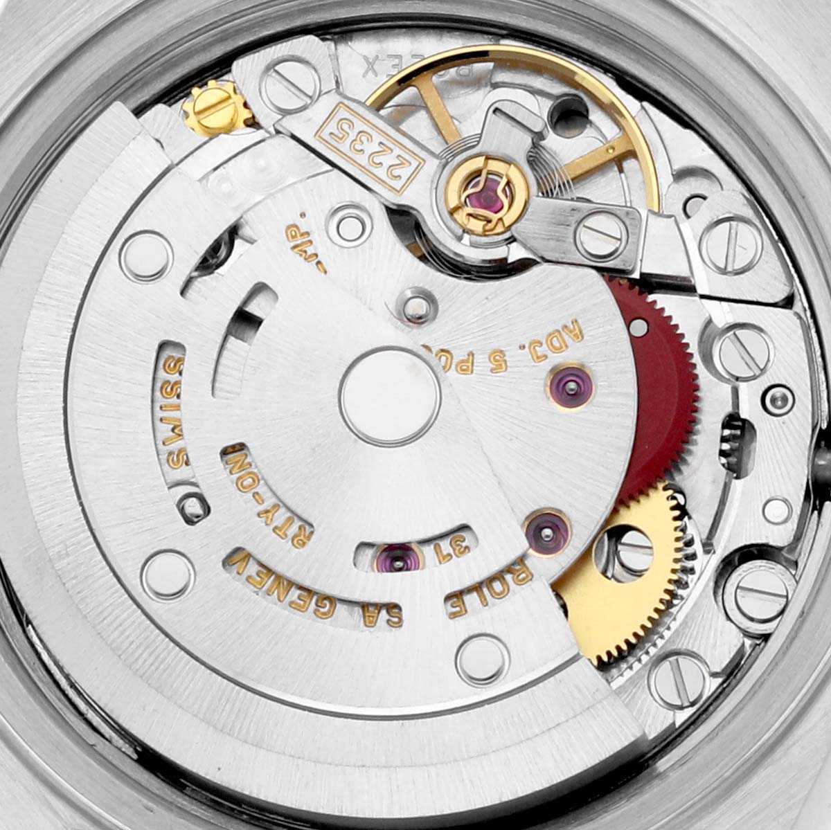 This image shows the intricate movement mechanism of the Rolex Datejust 79173 Women's Steel and Gold (two tone) White Dial 79173 Women's Steel and Gold (two tone) White Dial watch from a close-up angle.