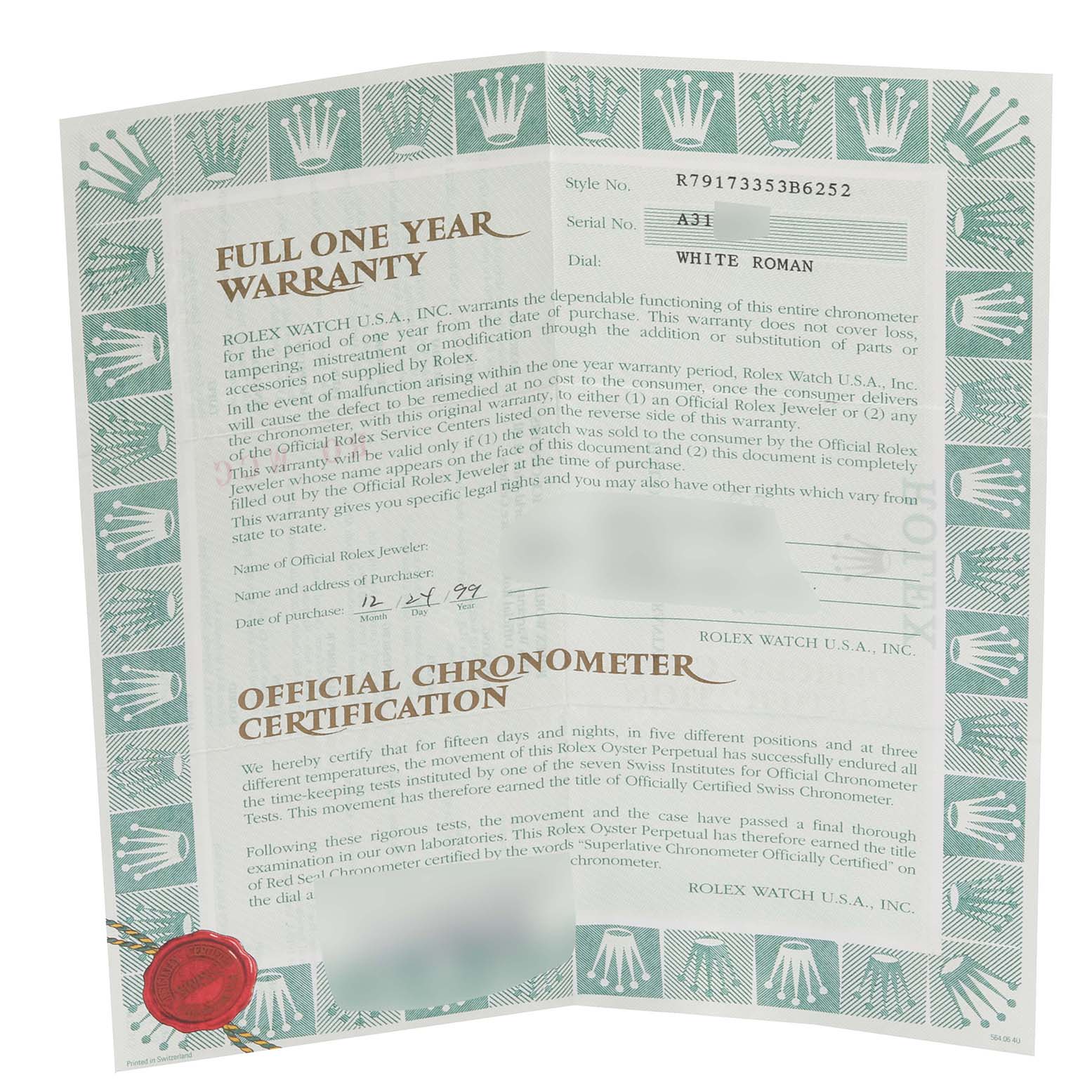 This image shows the warranty and official chronometer certification for a Rolex Datejust 79173 Women's Steel and Gold (two tone) White Dial 79173 Women's Steel and Gold (two tone) White Dial watch.