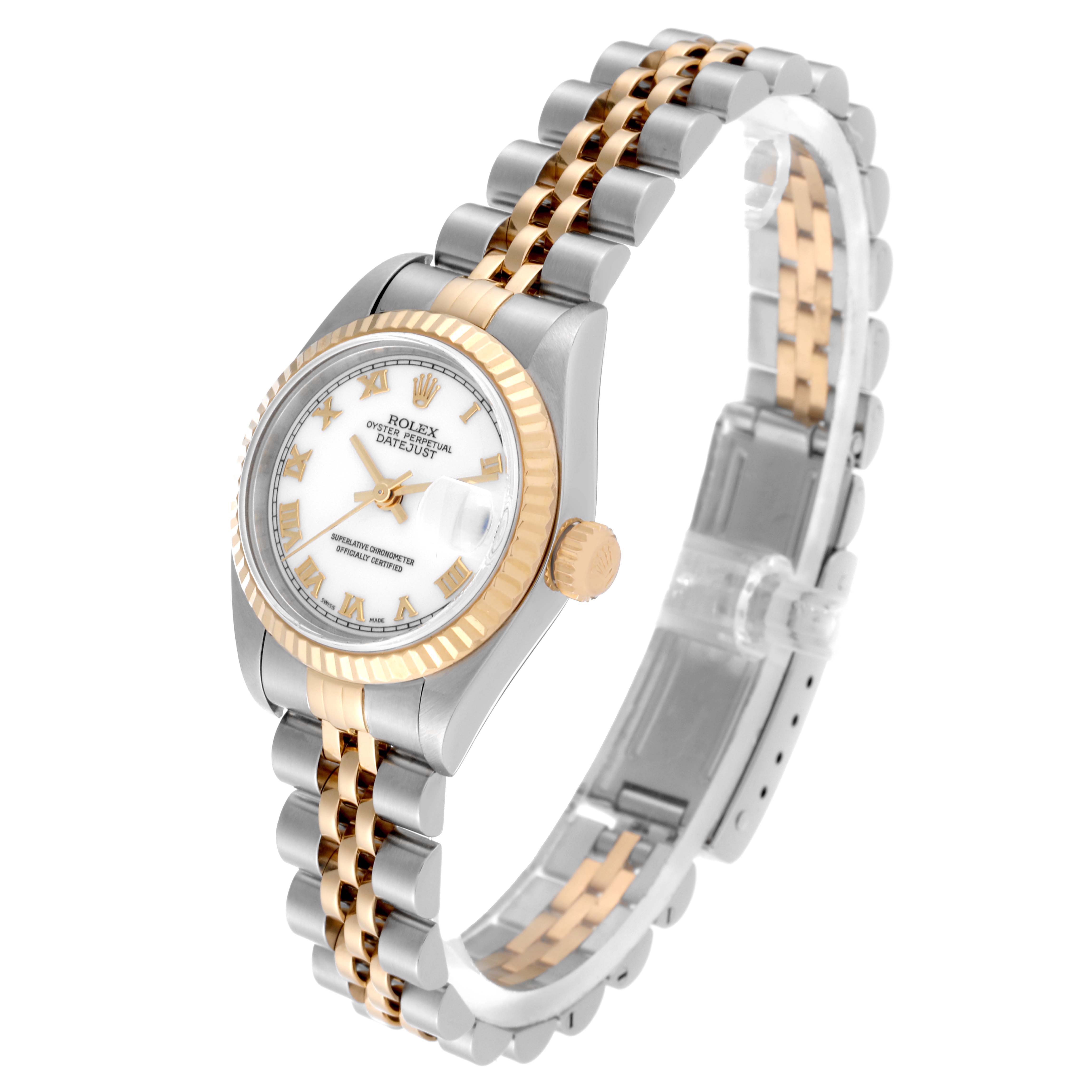 The image shows a Rolex Datejust 79173 Women's Steel and Gold (two tone) White Dial 79173 Women's Steel and Gold (two tone) White Dial watch angled to display its face, fluted bezel, crown, and two-tone Jubilee bracelet.