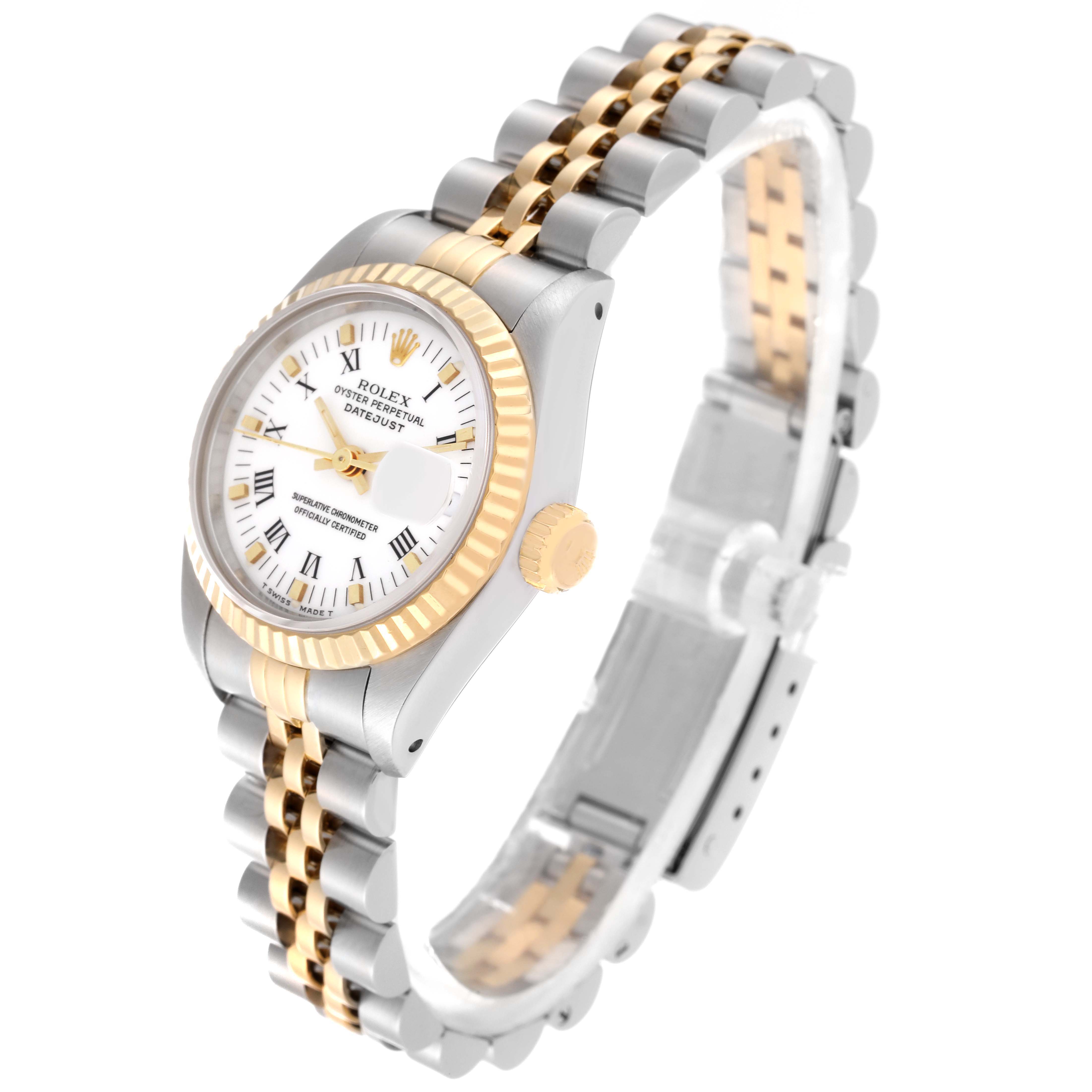The Rolex Datejust 69173 Women's Steel and Gold (two tone) White Dial 69173 Women's Steel and Gold (two tone) White Dial watch is shown at an angle with a clear view of the face, crown, and two-tone bracelet.