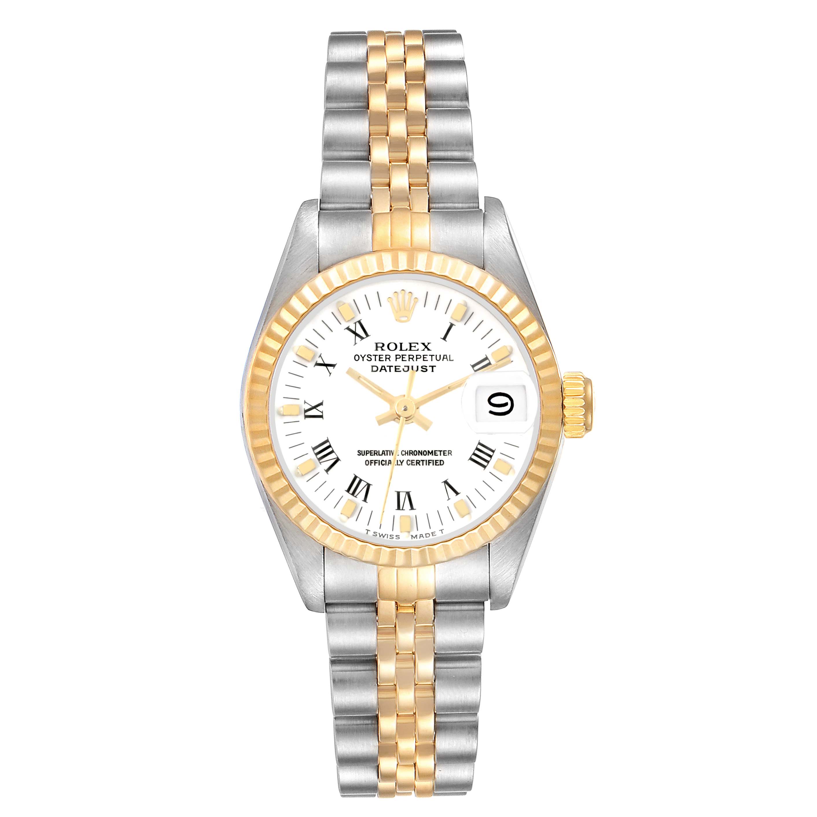 The image shows a Rolex Datejust 69173 Women's Steel and Gold (two tone) White Dial 69173 Women's Steel and Gold (two tone) White Dial watch from a top-down angle, highlighting the face, bezel, and two-tone bracelet.