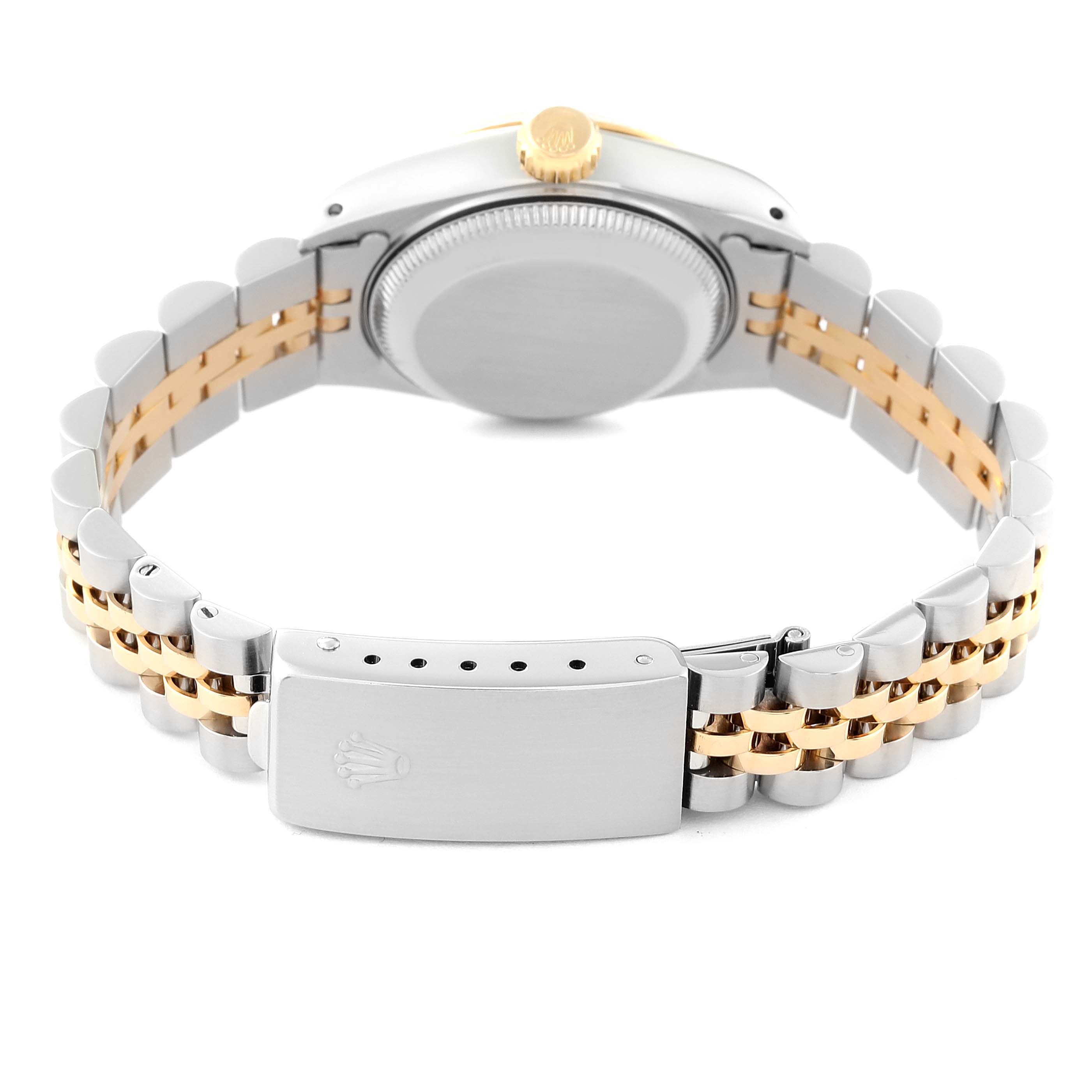 This image shows the back side and bracelet clasp of a Rolex Datejust 69173 Women's Steel and Gold (two tone) White Dial 69173 Women's Steel and Gold (two tone) White Dial watch, highlighting its two-tone metal design.