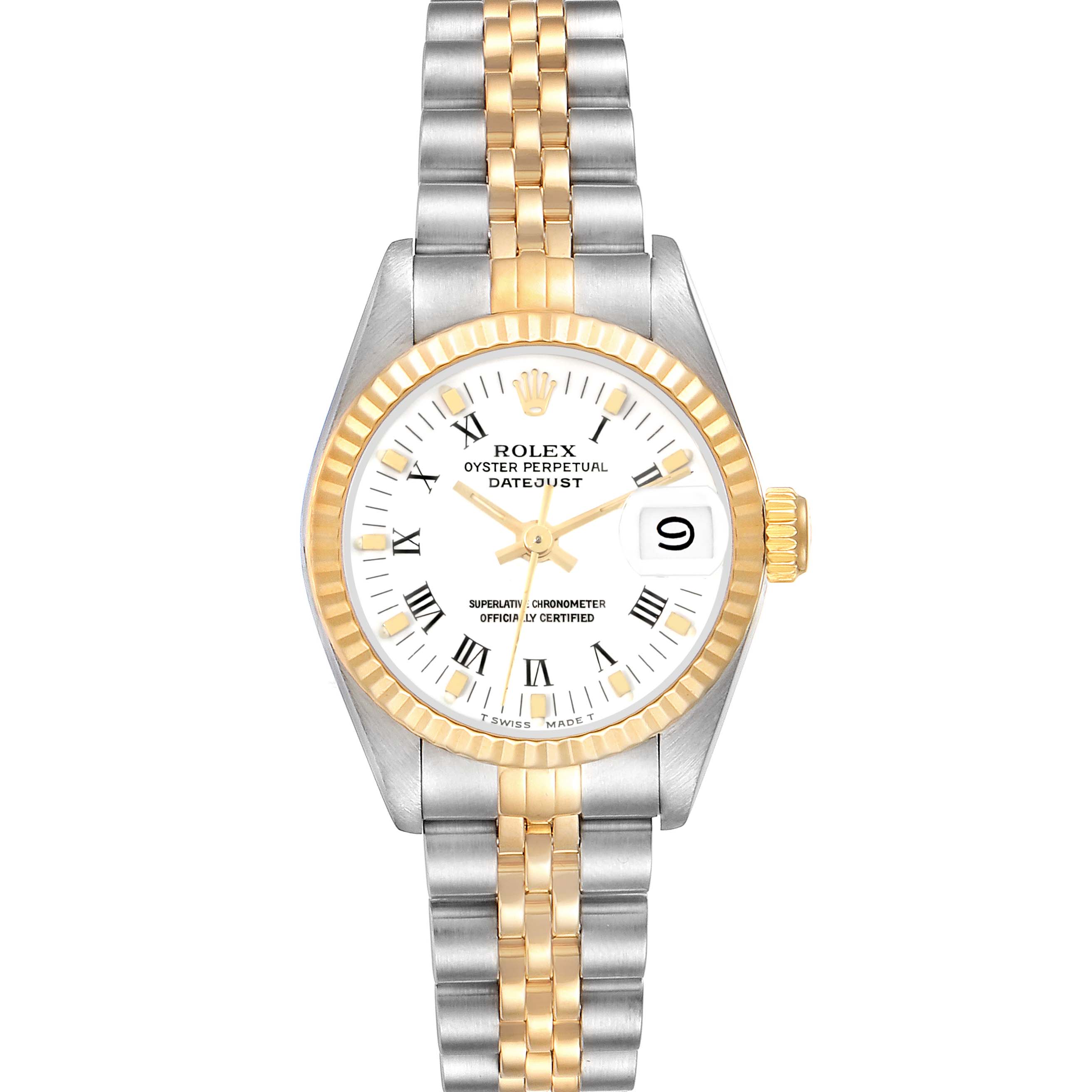 The image shows a front view of the Rolex Datejust 69173 Women's Steel and Gold (two tone) White Dial 69173 Women's Steel and Gold (two tone) White Dial watch, highlighting the dial, bezel, and bracelet.