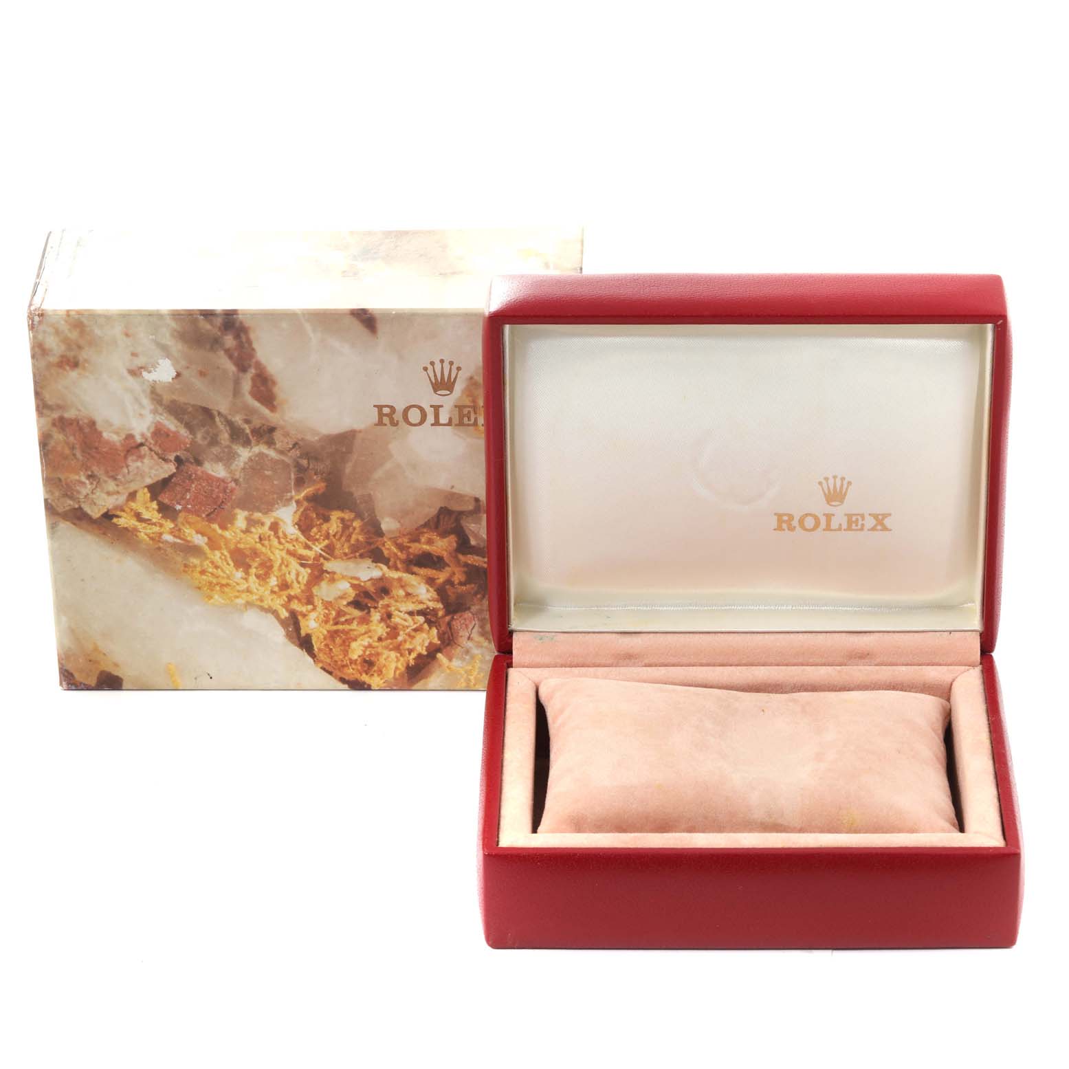 The image shows an open Rolex Datejust 69173 Women's Steel and Gold (two tone) White Dial 69173 Women's Steel and Gold (two tone) White Dial watch box with a cushion, alongside its outer cardboard packaging.