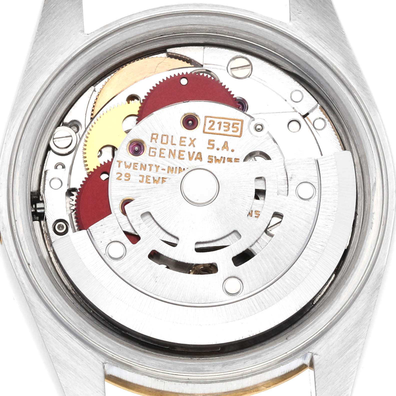 This image shows the internal mechanical movement of a Rolex Datejust 69173 Women's Steel and Gold (two tone) White Dial 69173 Women's Steel and Gold (two tone) White Dial watch from a close-up, back view angle.