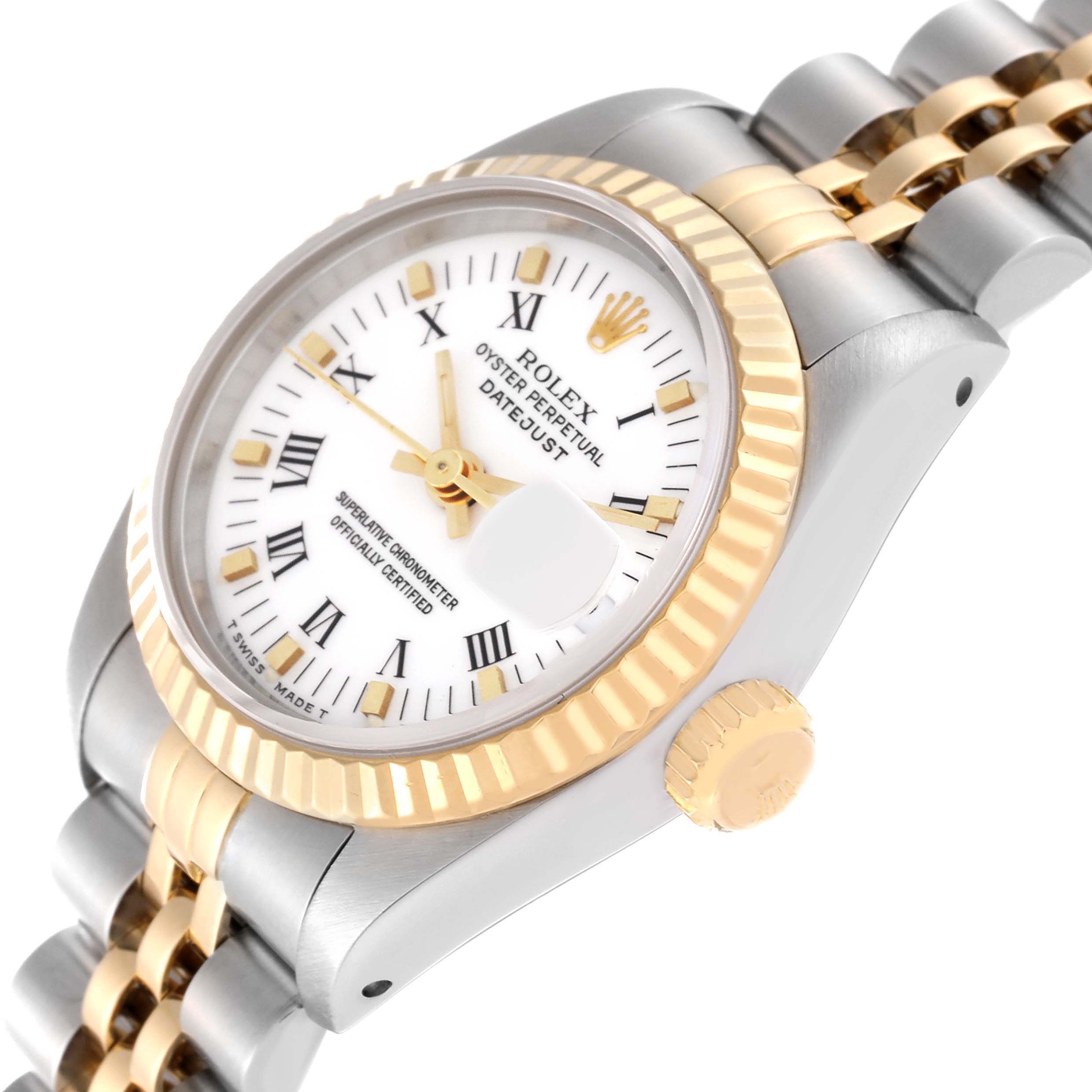 The image shows a Rolex Datejust 69173 Women's Steel and Gold (two tone) White Dial 69173 Women's Steel and Gold (two tone) White Dial watch at an oblique angle, displaying the face, bezel, crown, and part of the bracelet.