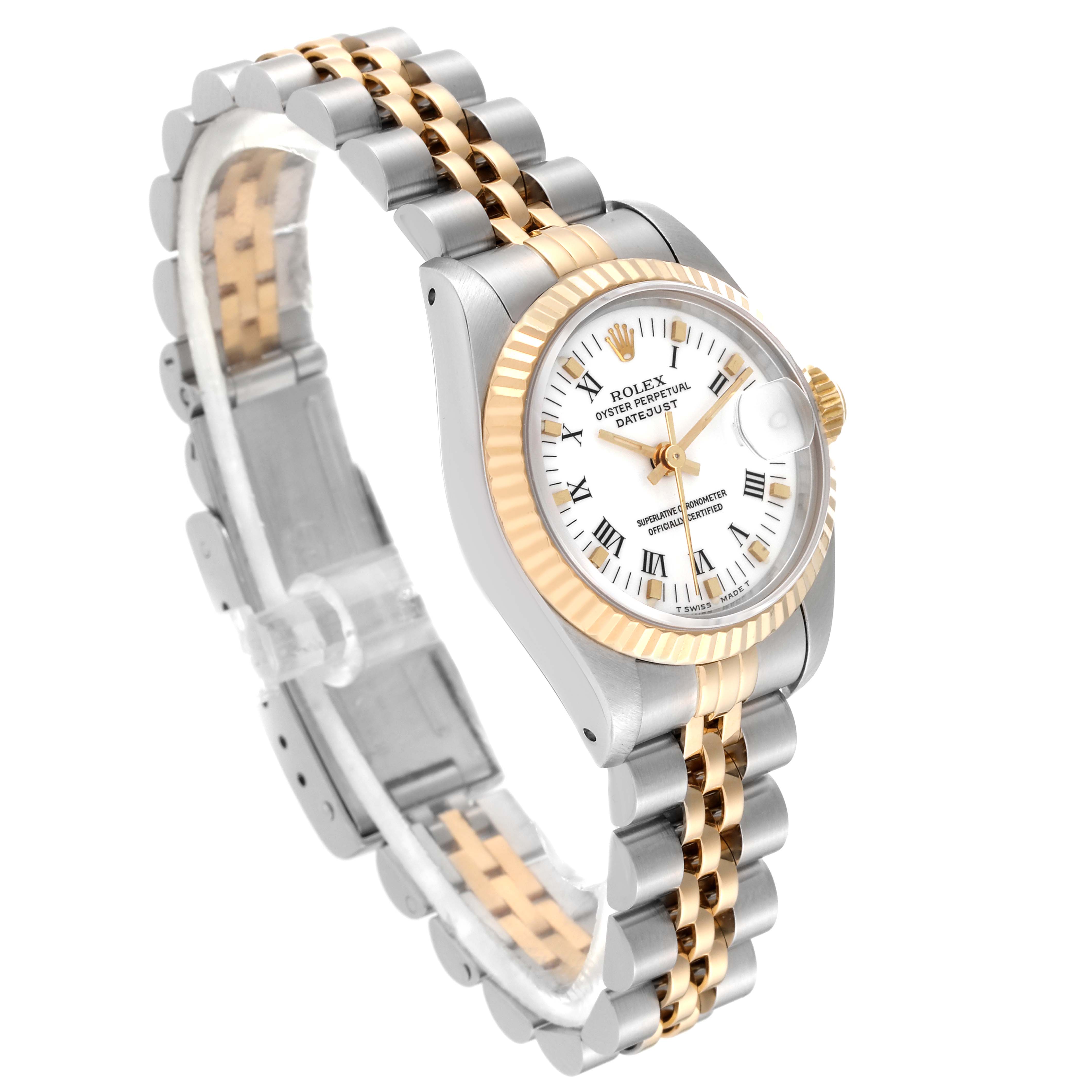 This image shows a Rolex Datejust 69173 Women's Steel and Gold (two tone) White Dial 69173 Women's Steel and Gold (two tone) White Dial watch from a three-quarter angle, highlighting the face, bezel, and two-tone bracelet.