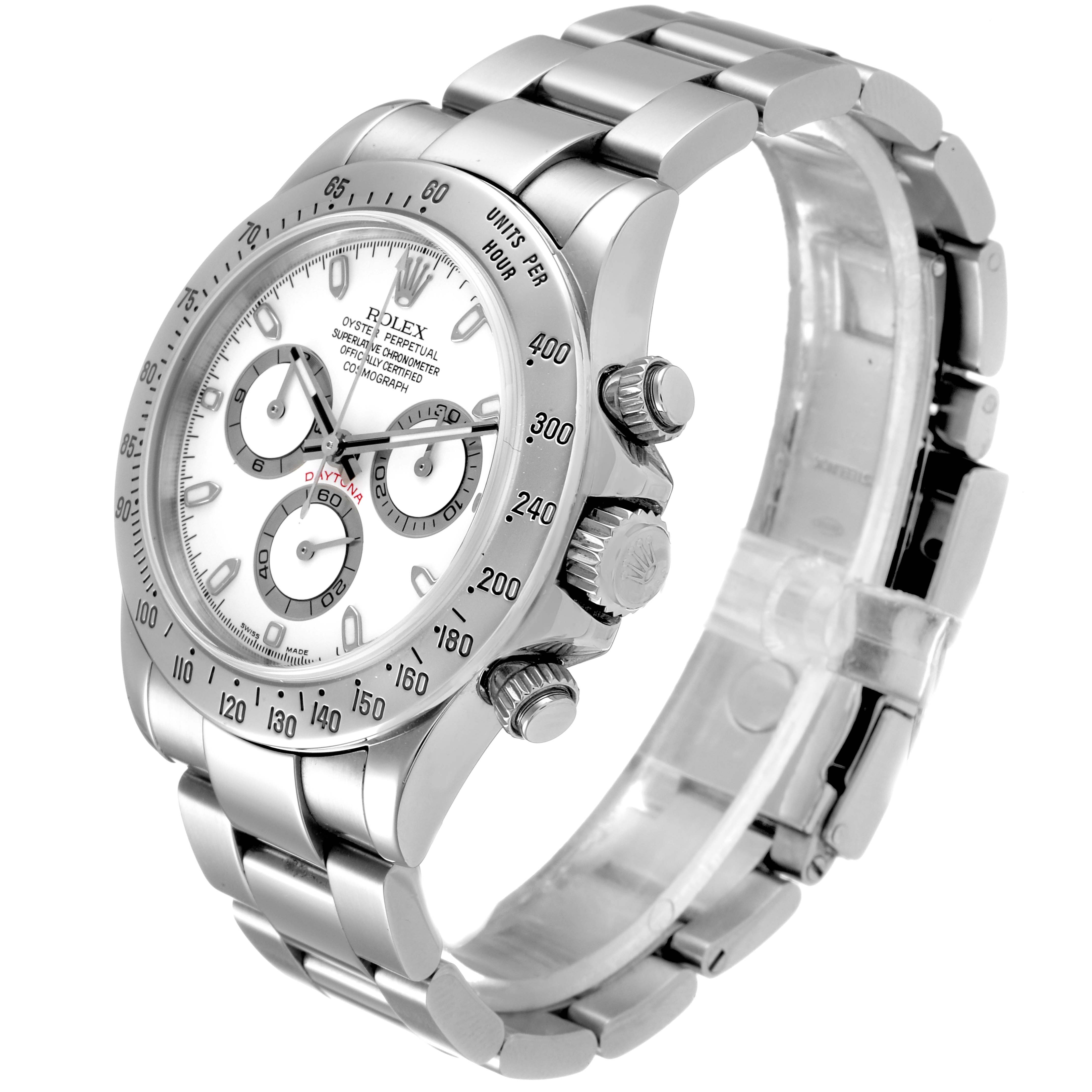 The image shows a Rolex Daytona 116520 Men's Stainless Steel White Dial 116520 Men's Stainless Steel White Dial watch at a slight side angle, highlighting the face, bezel, crown, pushers, and bracelet.