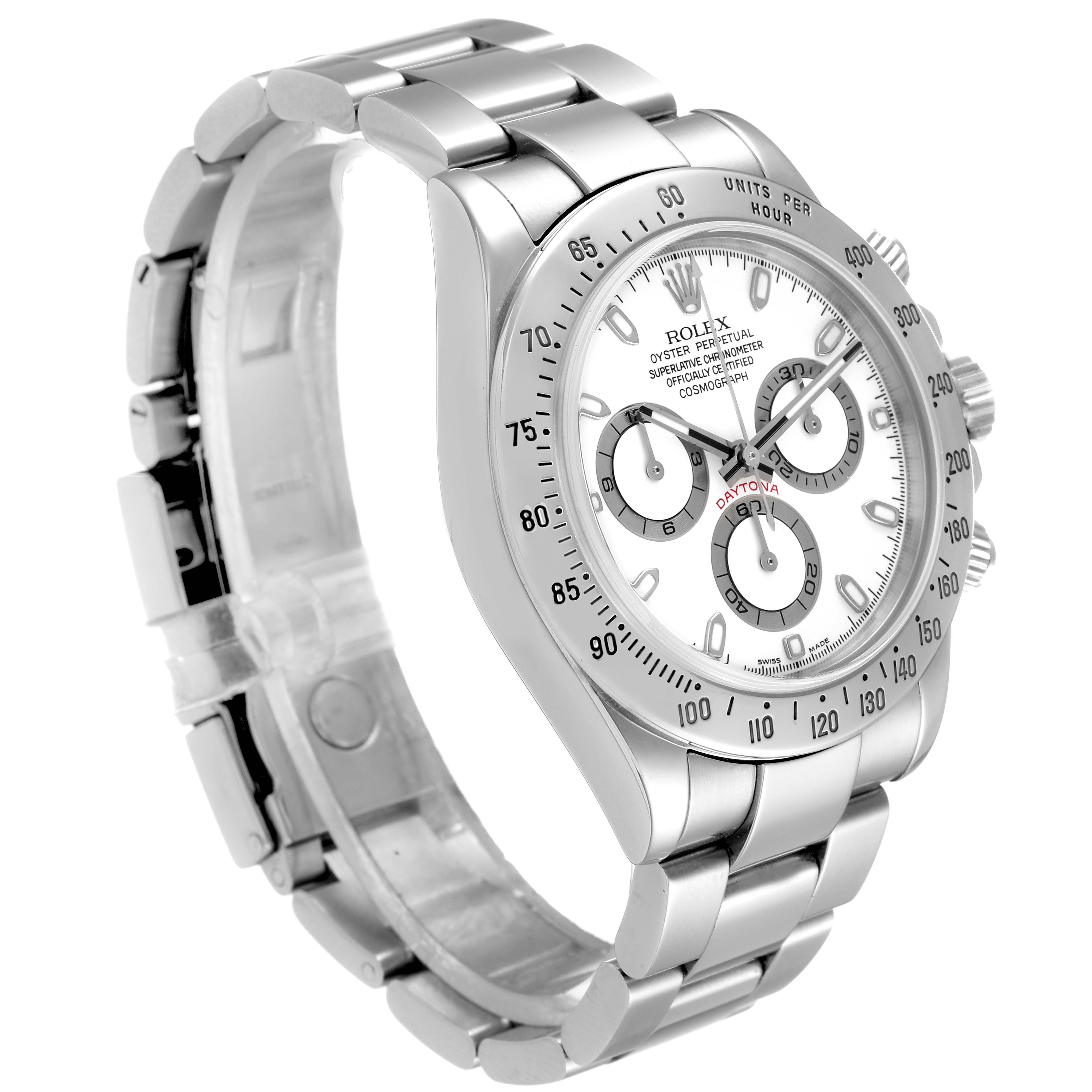 The image shows a side angle of a Rolex Daytona 116520 Men's Stainless Steel White Dial 116520 Men's Stainless Steel White Dial watch, highlighting its bracelet, bezel, and dial.