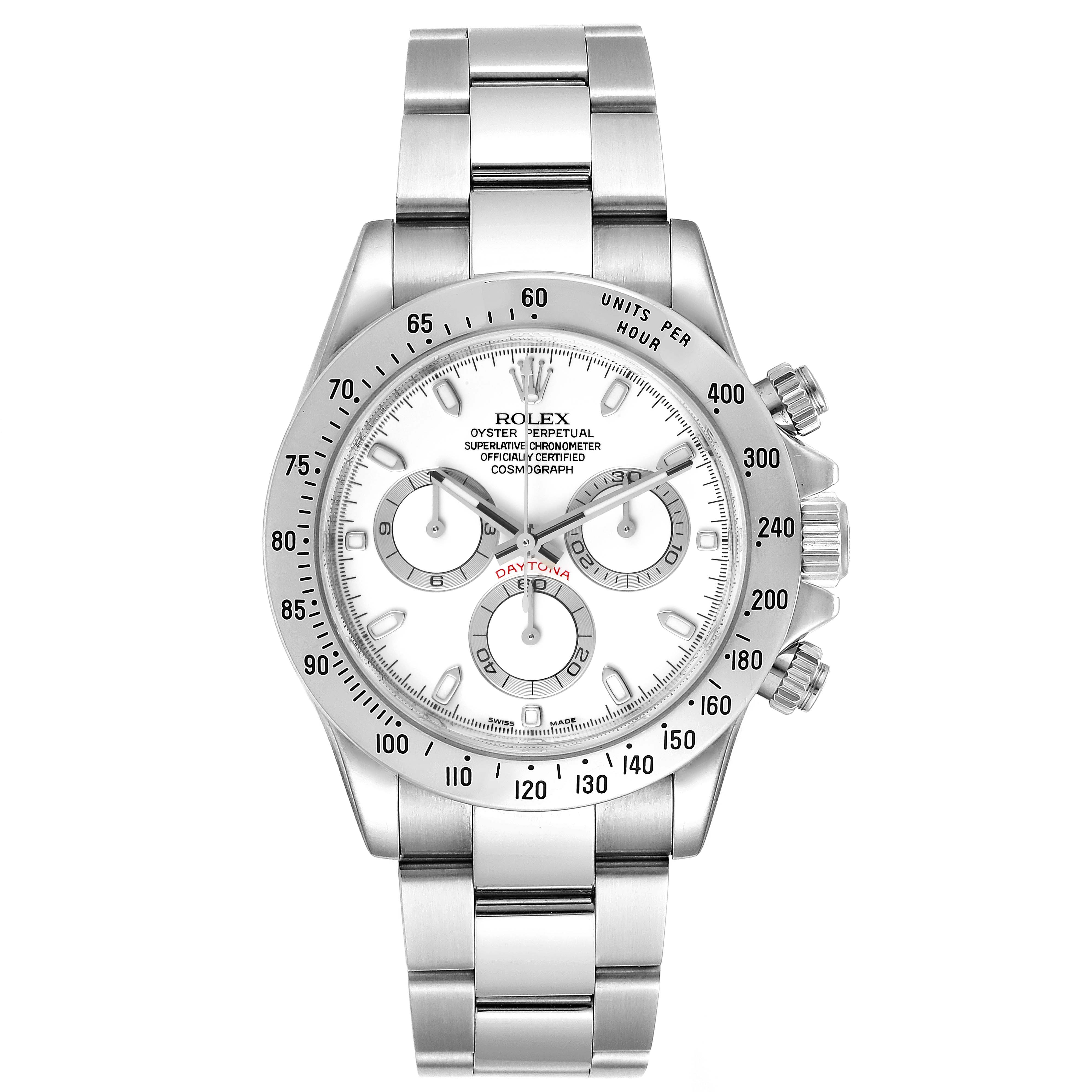 This image shows a front view of the Rolex Daytona 116520 Men's Stainless Steel White Dial 116520 Men's Stainless Steel White Dial watch, highlighting the dial, bezel, chronograph pushers, and bracelet.