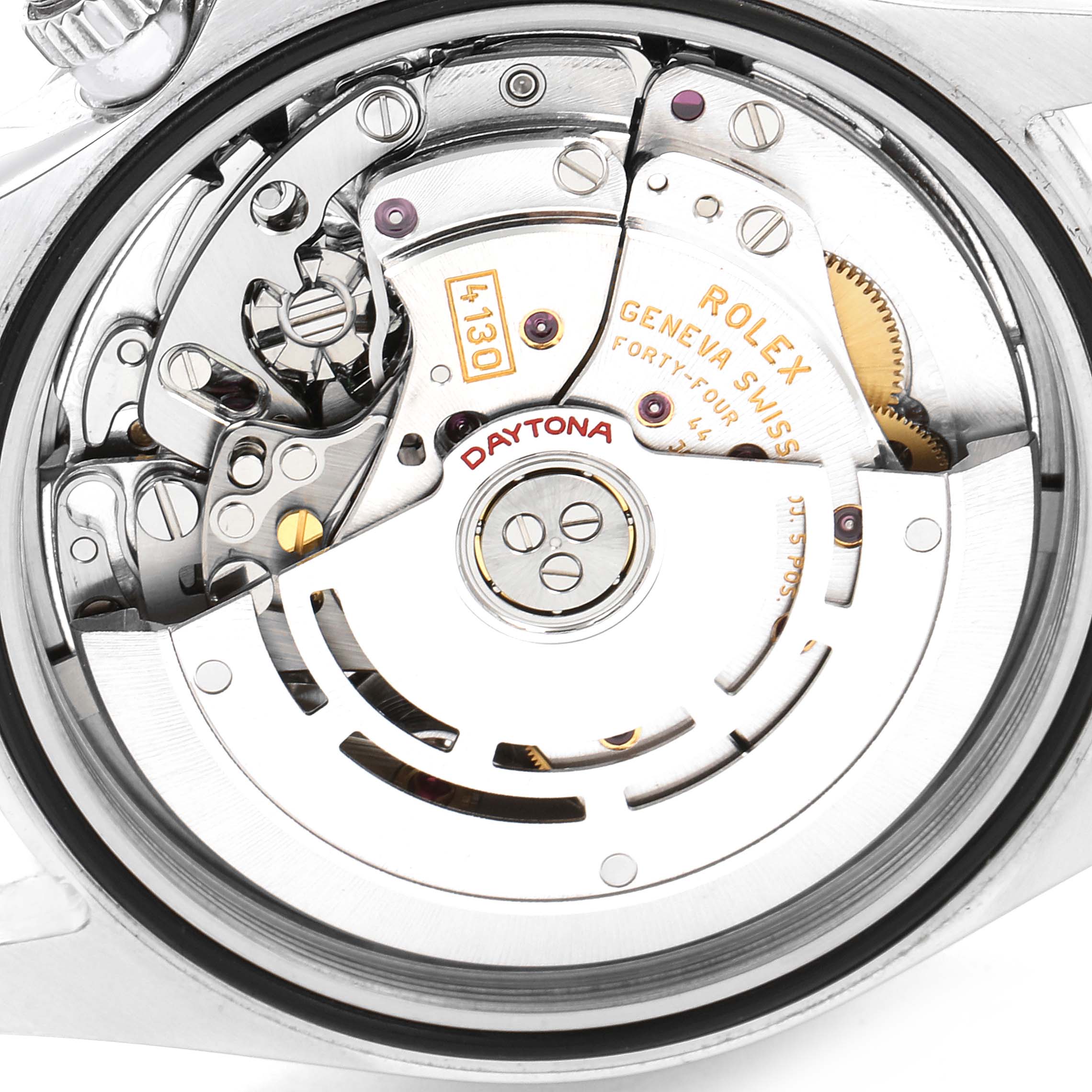 This image shows the movement mechanism of a Rolex Daytona 116520 Men's Stainless Steel White Dial 116520 Men's Stainless Steel White Dial watch from the back side.
