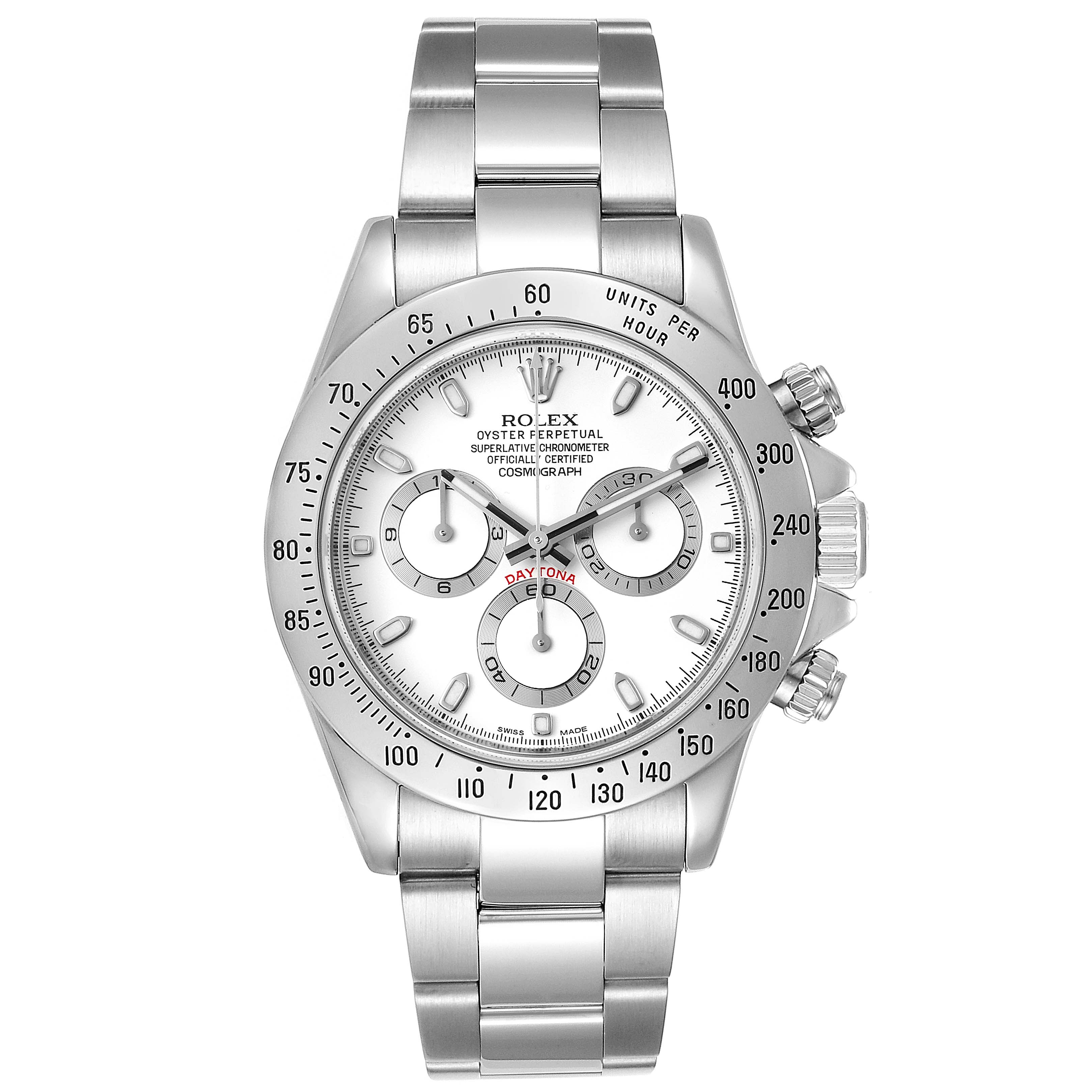 The image shows a Rolex Daytona 116520 Men's Stainless Steel White Dial 116520 Men's Stainless Steel White Dial watch from a front angle, highlighting the dial, bezel, pushers, and bracelet.