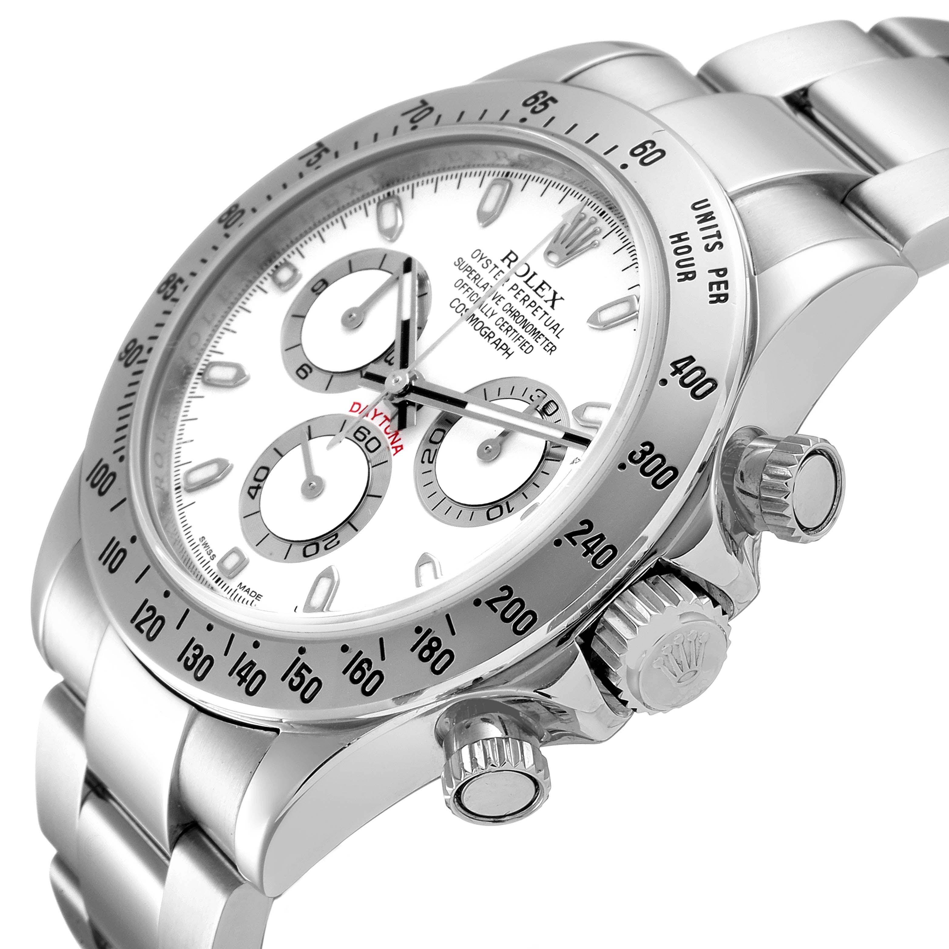 This image shows a side view of a Rolex Daytona 116520 Men's Stainless Steel White Dial 116520 Men's Stainless Steel White Dial watch, highlighting the bezel, chronograph buttons, and a portion of the bracelet.
