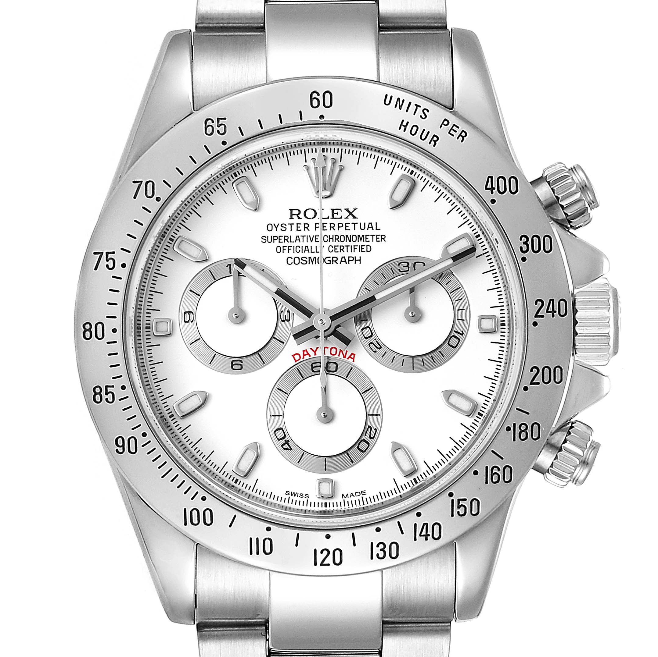 This image shows a front view of the Rolex Daytona 116520 Men's Stainless Steel White Dial 116520 Men's Stainless Steel White Dial watch, displaying its face, bezel, pushers, and crown.