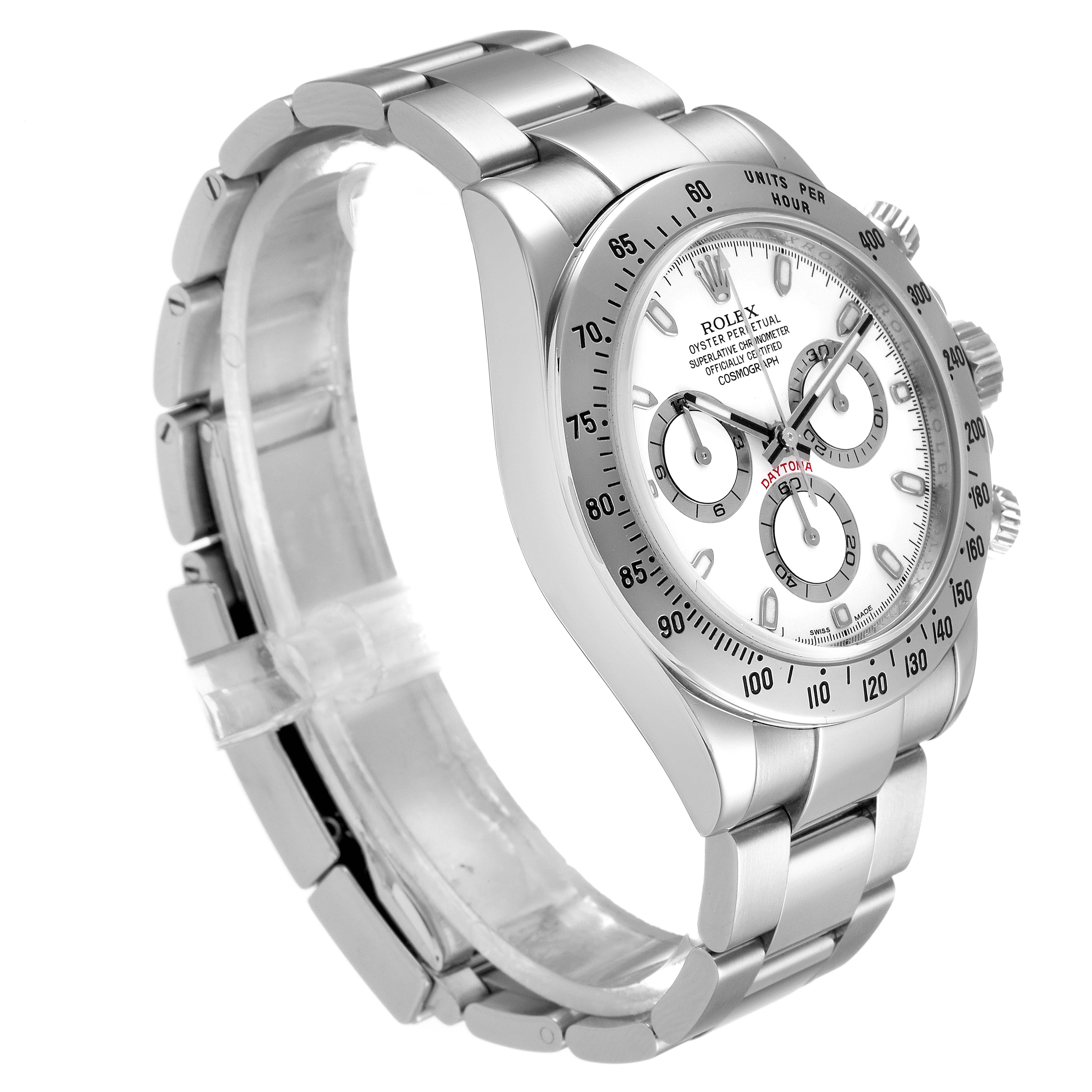 The image shows a Rolex Daytona 116520 Men's Stainless Steel White Dial 116520 Men's Stainless Steel White Dial watch angled to display the bracelet, bezel, and dial with subdials.