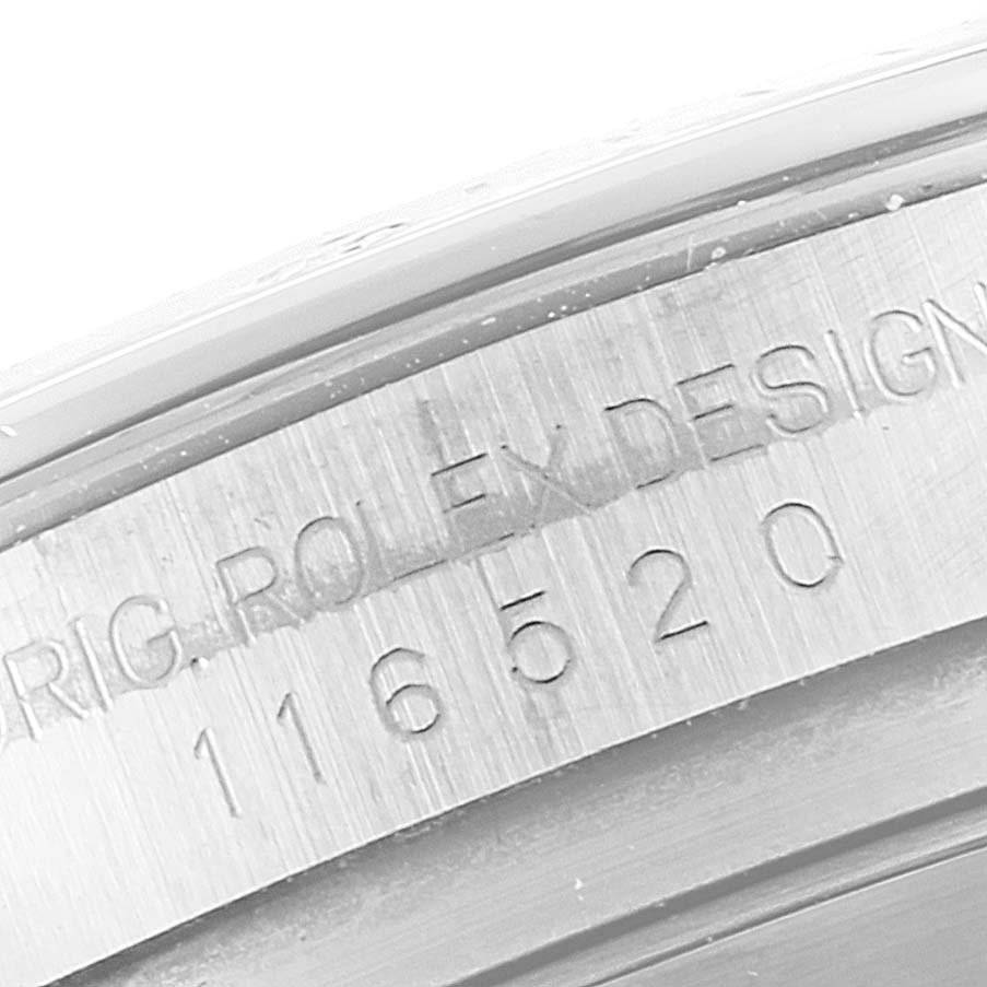 This image shows the inside case back engraving of a Rolex Daytona 116520 Men's Stainless Steel White Dial 116520 Men's Stainless Steel White Dial watch, displaying the model number.