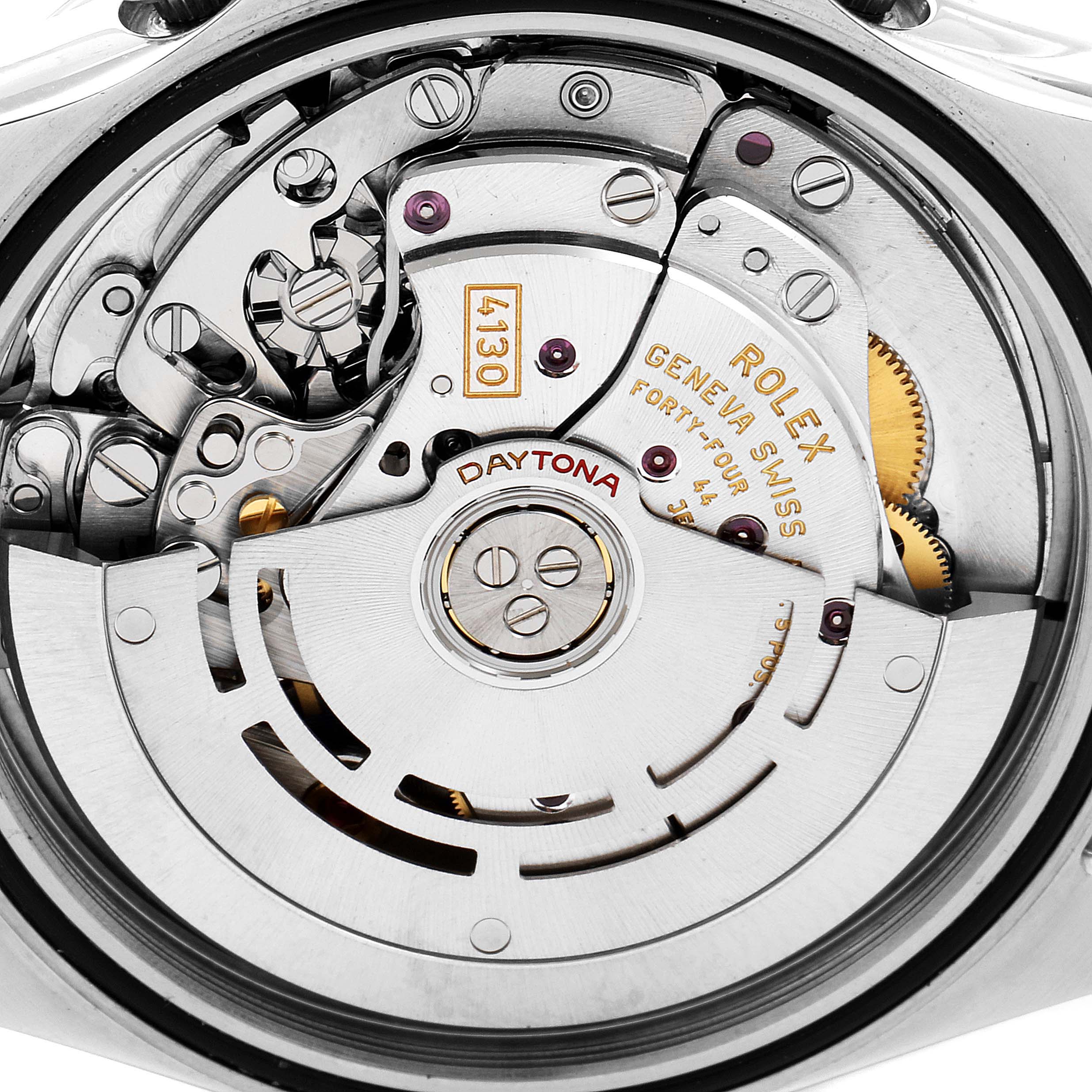 This image shows a close-up of the movement mechanism of a Rolex Daytona 116520 Men's Stainless Steel White Dial 116520 Men's Stainless Steel White Dial watch.