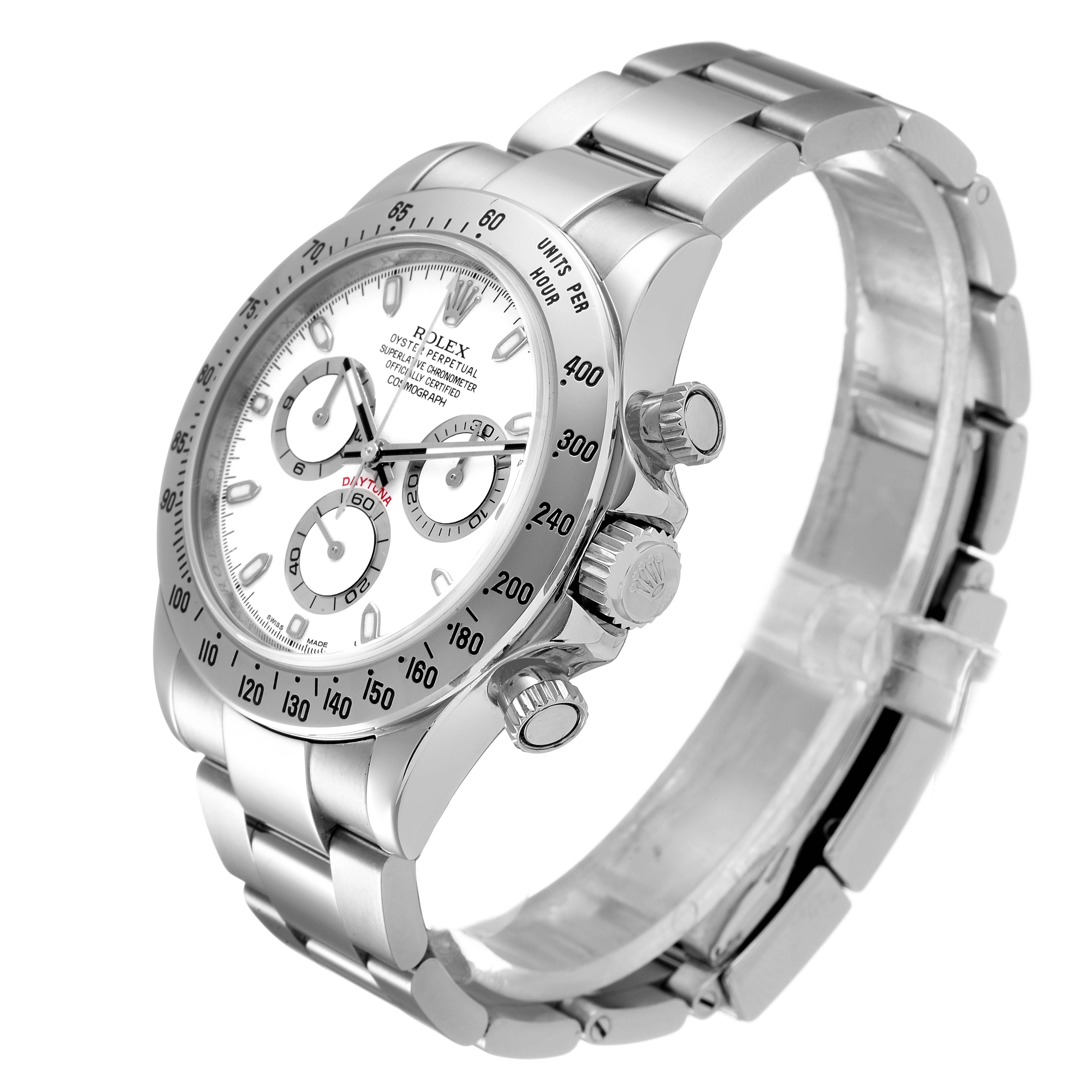The image shows a Rolex Daytona 116520 Men's Stainless Steel White Dial 116520 Men's Stainless Steel White Dial watch from an angled view, highlighting the dial, bracelet, and side buttons.