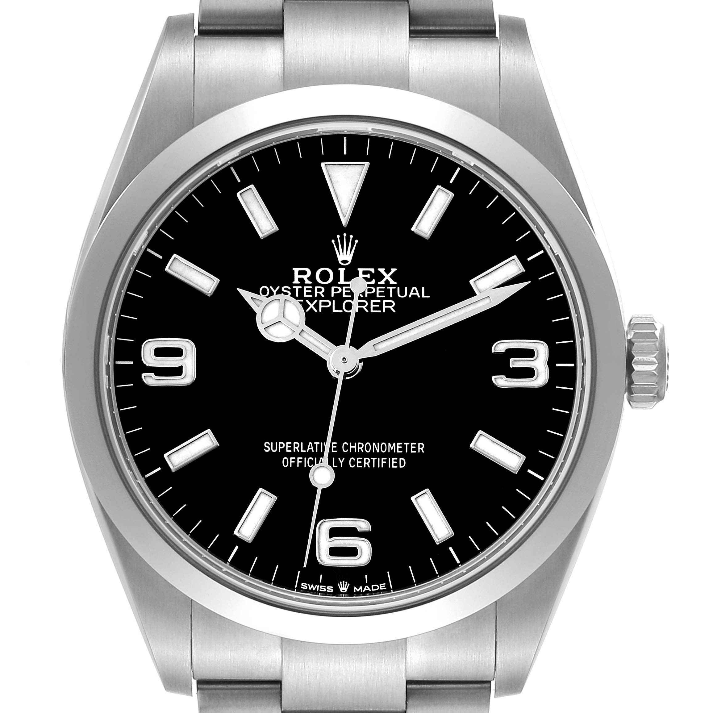 This image shows a front view of the Rolex Explorer 124270 Men
s Stainless Steel Black Dial 124270 Men
s Stainless Steel Black Dial watch, highlighting its black dial with hour markers and stainless steel bracelet.