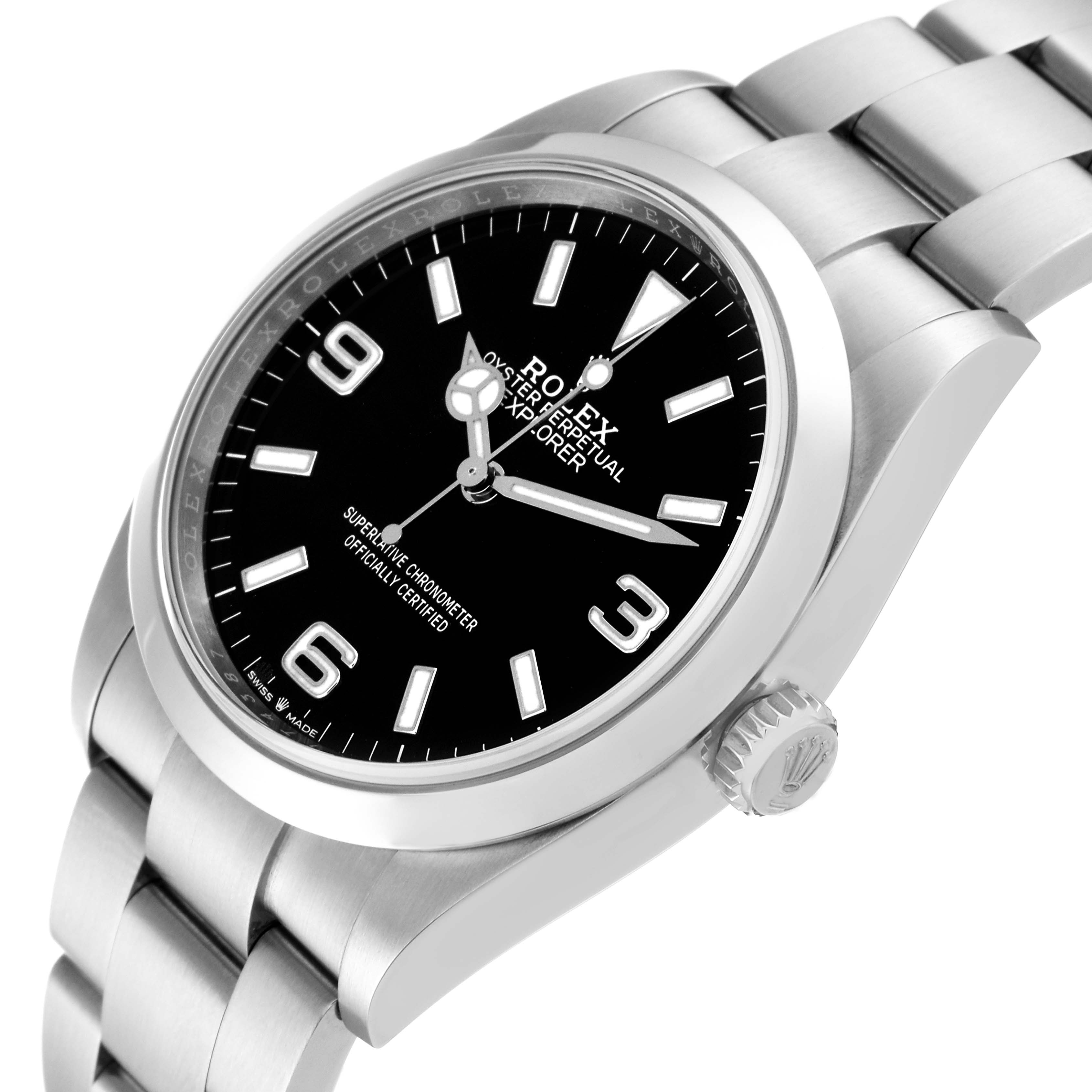 This image shows a angled view of the face and bracelet of a Rolex Explorer 124270 Men
s Stainless Steel Black Dial 124270 Men
s Stainless Steel Black Dial watch.