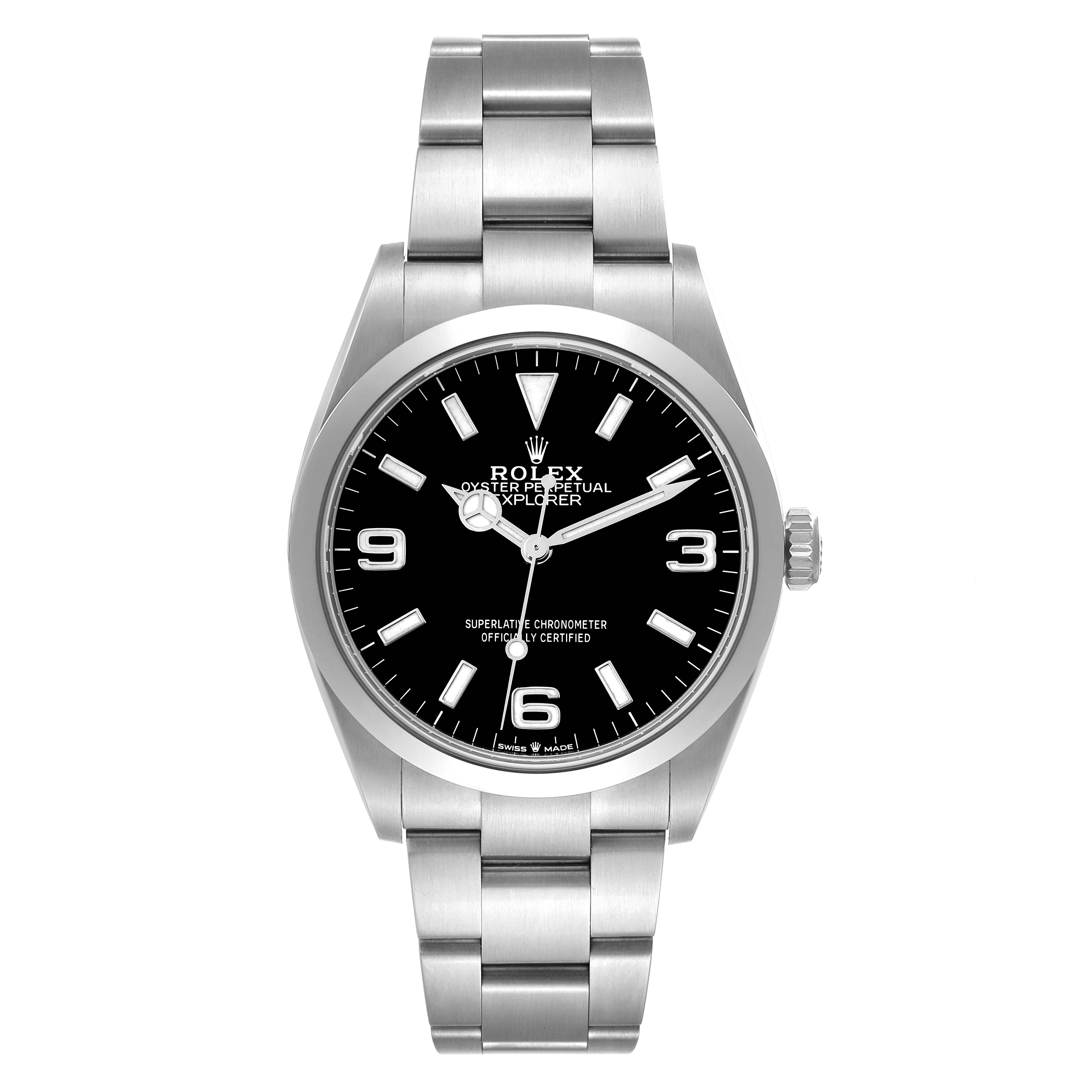 This image shows a Rolex Explorer 124270 Men
s Stainless Steel Black Dial 124270 Men
s Stainless Steel Black Dial watch with a frontal view, highlighting its black dial, hands, indices, and stainless steel bracelet.