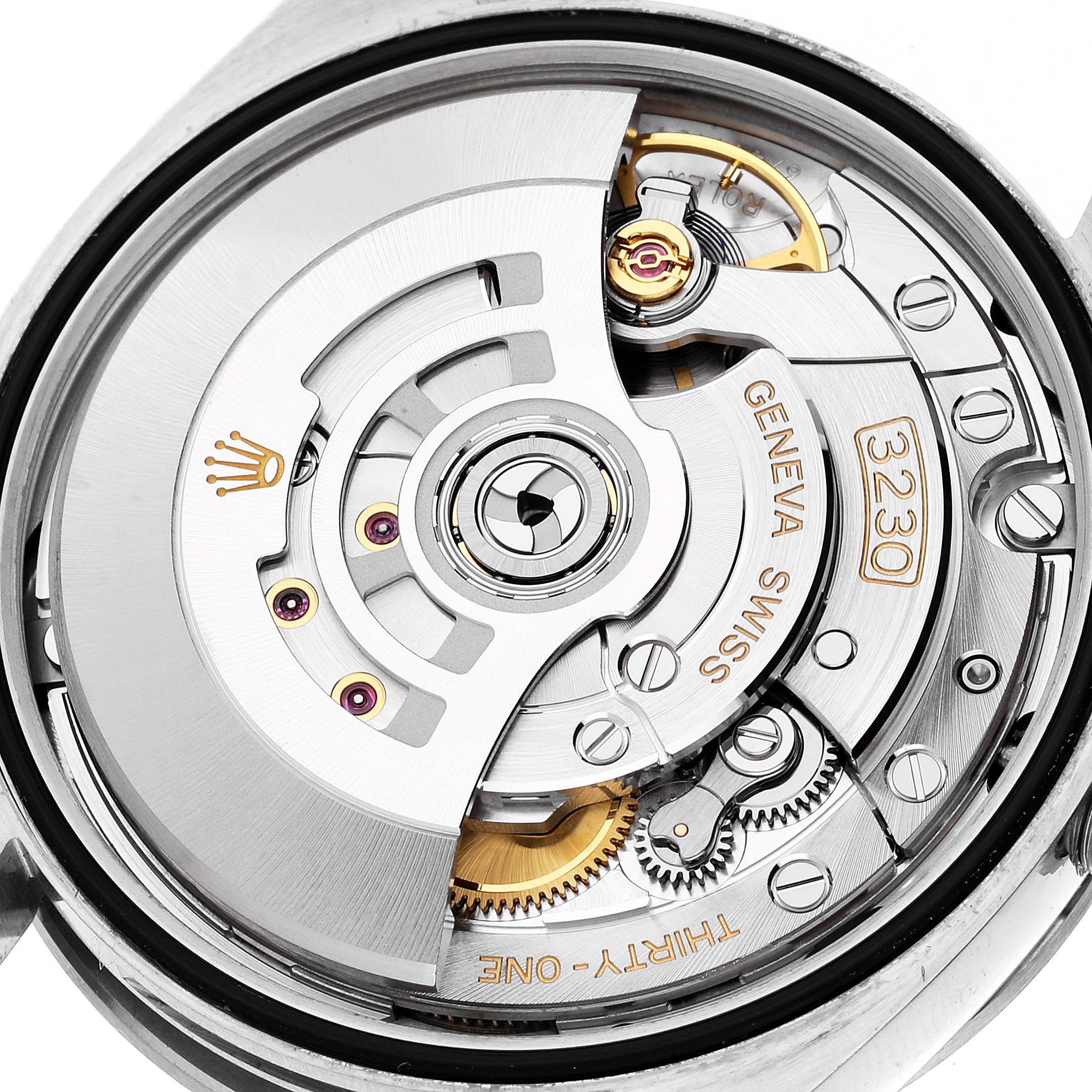 This image shows the intricate mechanical movement of the Rolex Explorer 124270 Men
s Stainless Steel Black Dial 124270 Men
s Stainless Steel Black Dial watch model, viewed from the back.