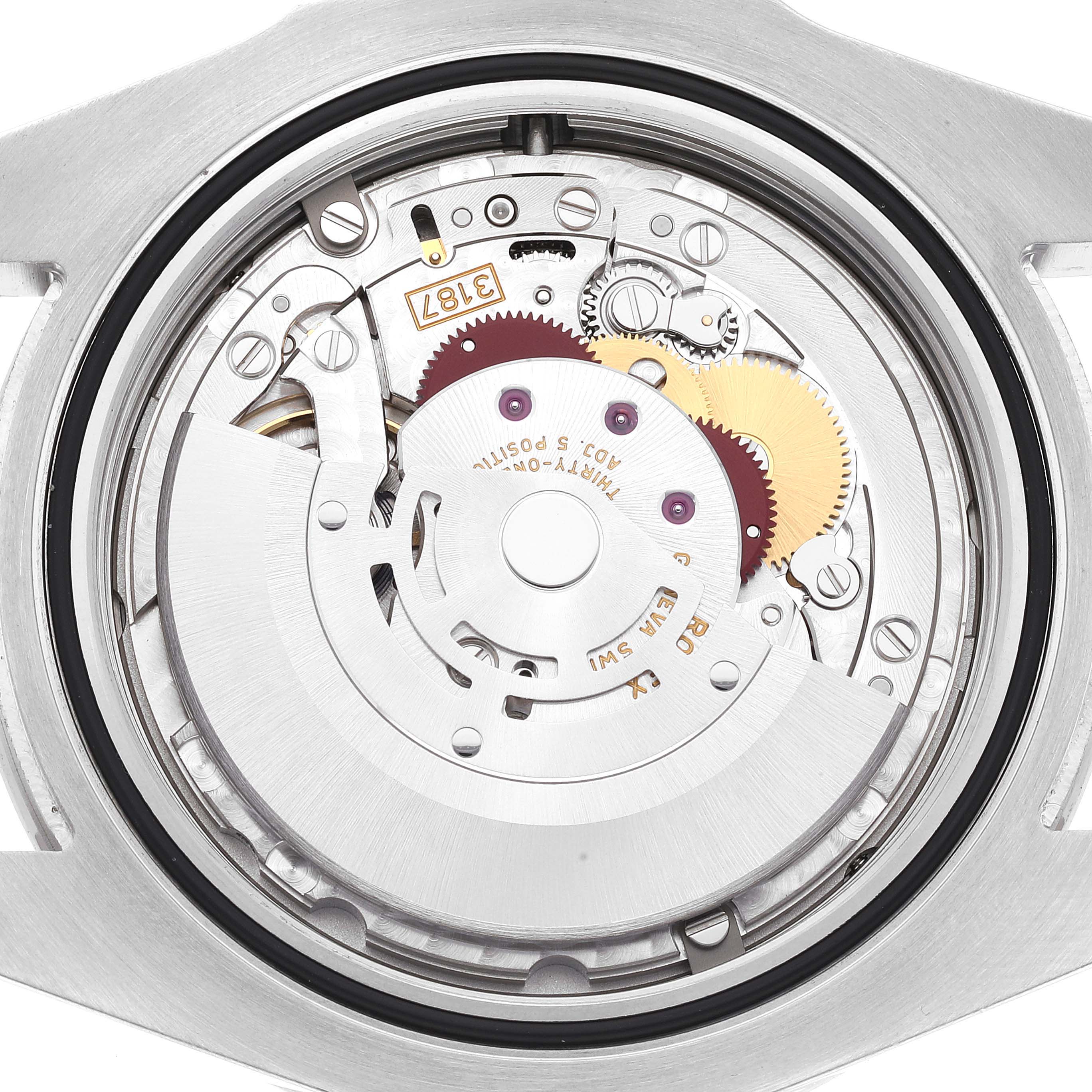This image shows the internal movement and mechanical components of a Rolex Explorer 216570 Men
s Stainless Steel White Dial 216570 Men
s Stainless Steel White Dial watch from a back angle.