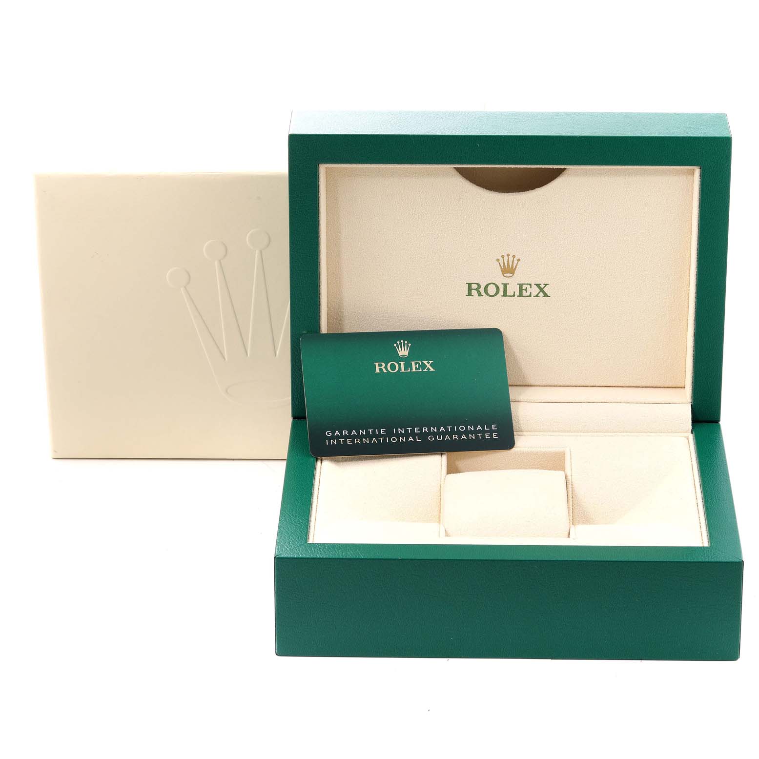 The image shows the opened packaging for a Rolex Explorer 216570 Men
s Stainless Steel White Dial 216570 Men
s Stainless Steel White Dial, including the watch box and guarantee card.