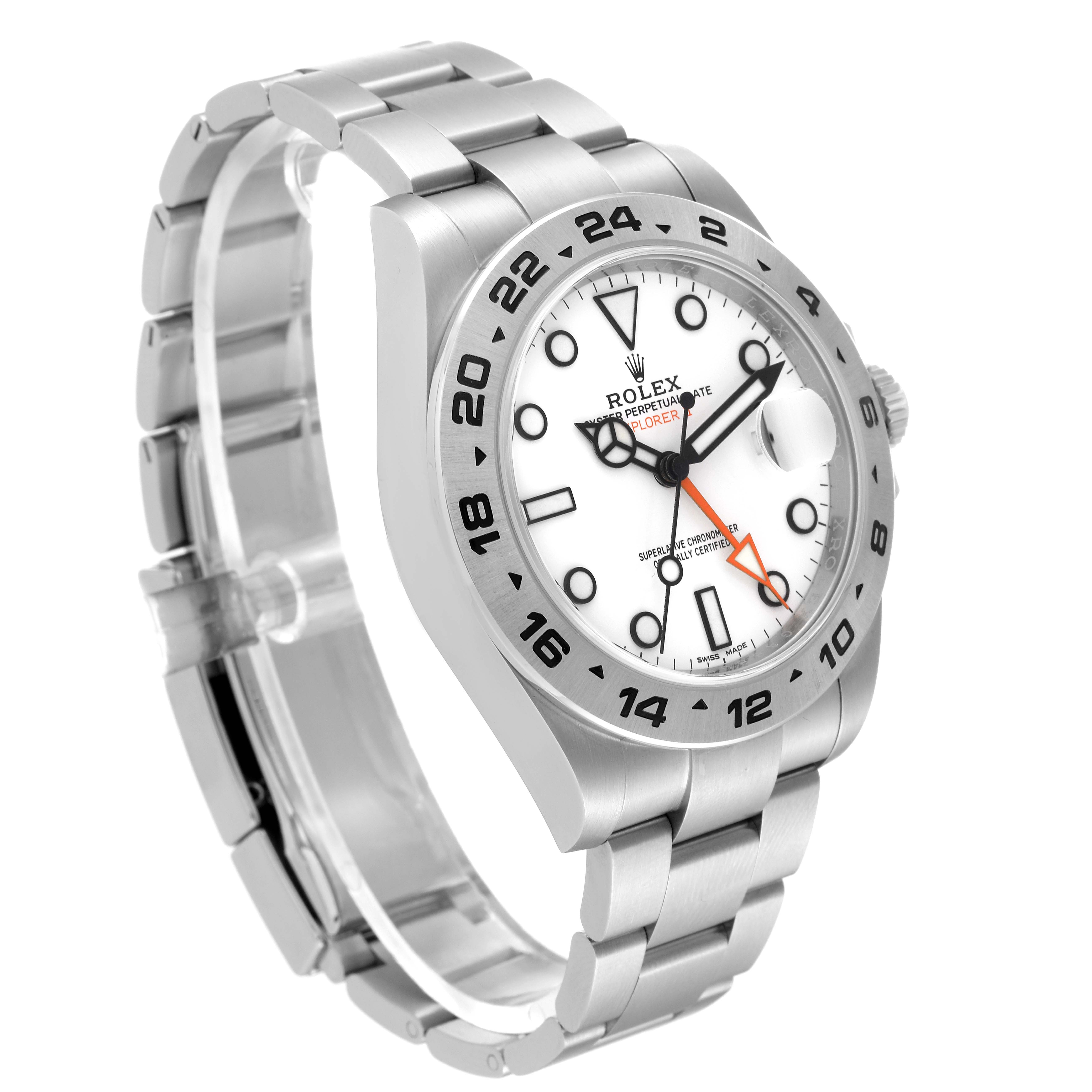 This image shows a Rolex Explorer 216570 Men
s Stainless Steel White Dial 216570 Men
s Stainless Steel White Dial watch at an angled view highlighting the face, bezel, crown, and bracelet.