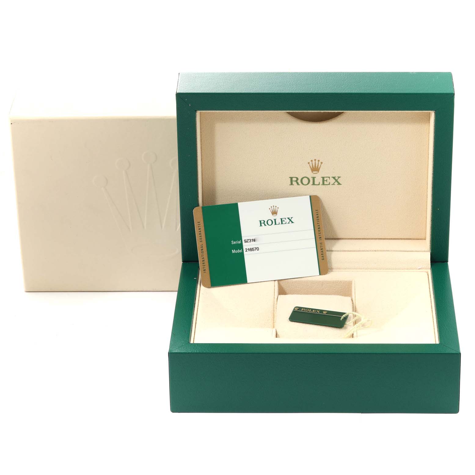 This image shows the box and warranty card for a Rolex Explorer 216570 Men's Stainless Steel White Dial 216570 Men's Stainless Steel White Dial watch, Model 216570.