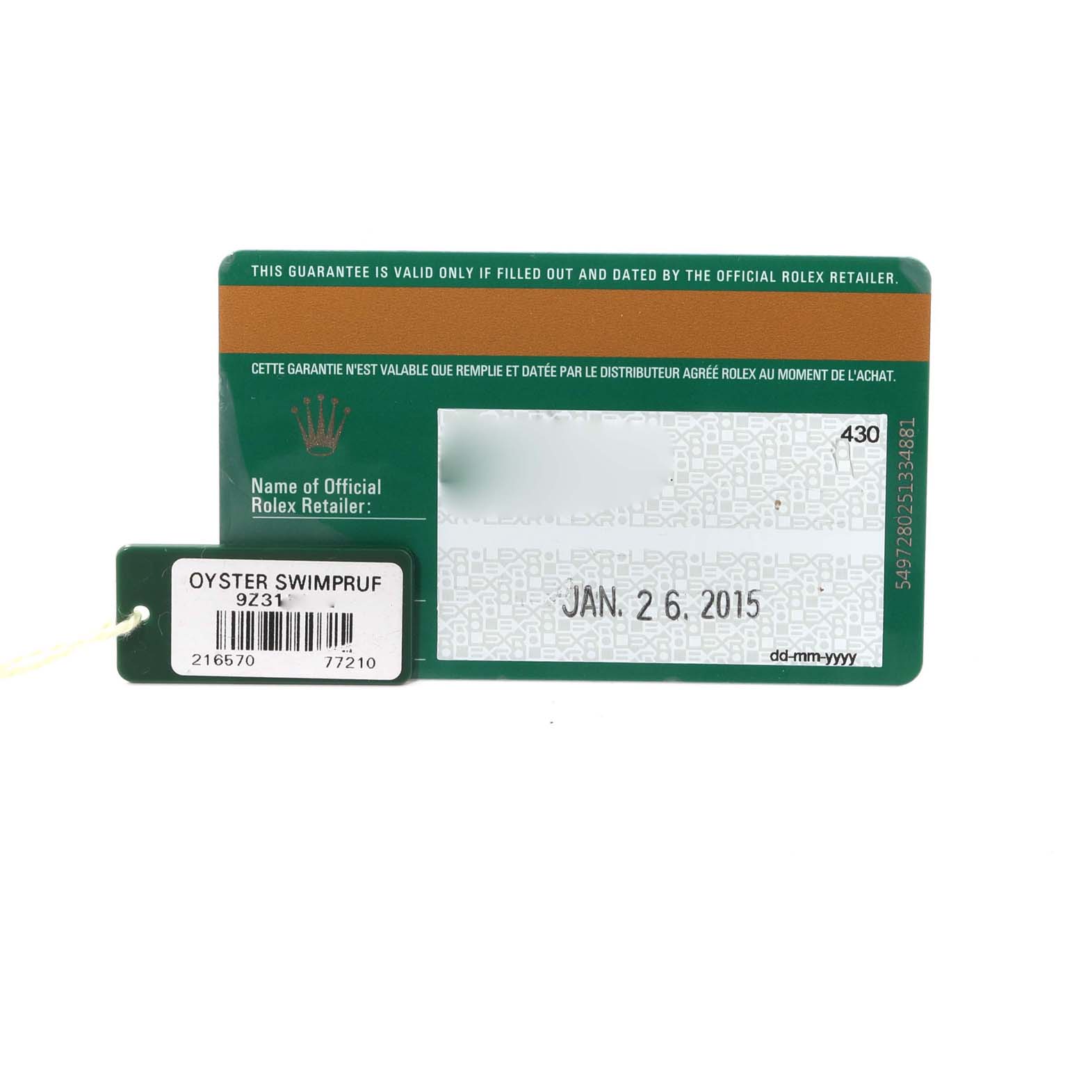 The image shows a warranty card and tag for the Rolex Explorer 216570 Men's Stainless Steel White Dial 216570 Men's Stainless Steel White Dial model, with the purchase date of January 26, 2015.