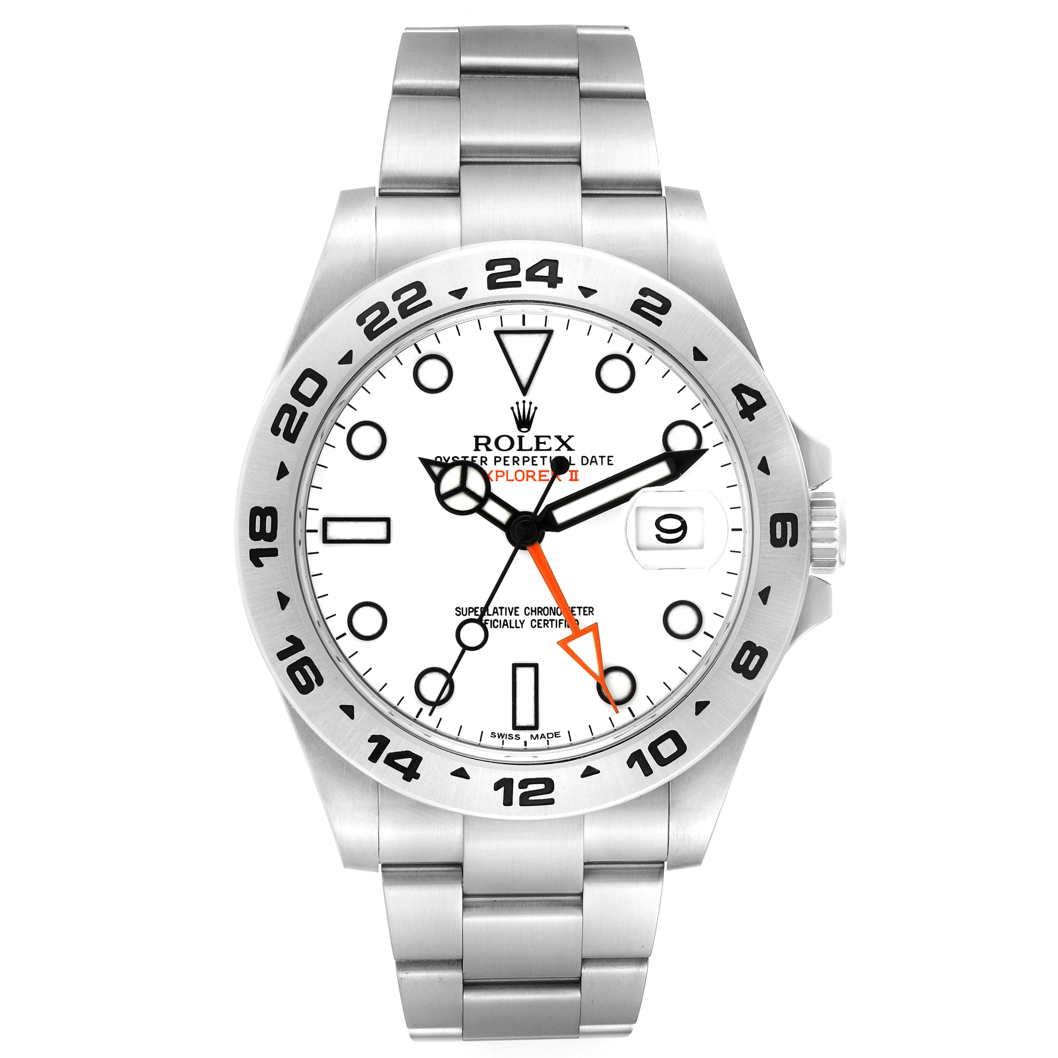 The image shows a front view of the Rolex Explorer 216570 Men's Stainless Steel White Dial 216570 Men's Stainless Steel White Dial watch, displaying its face, bezel, dial, and metal bracelet.