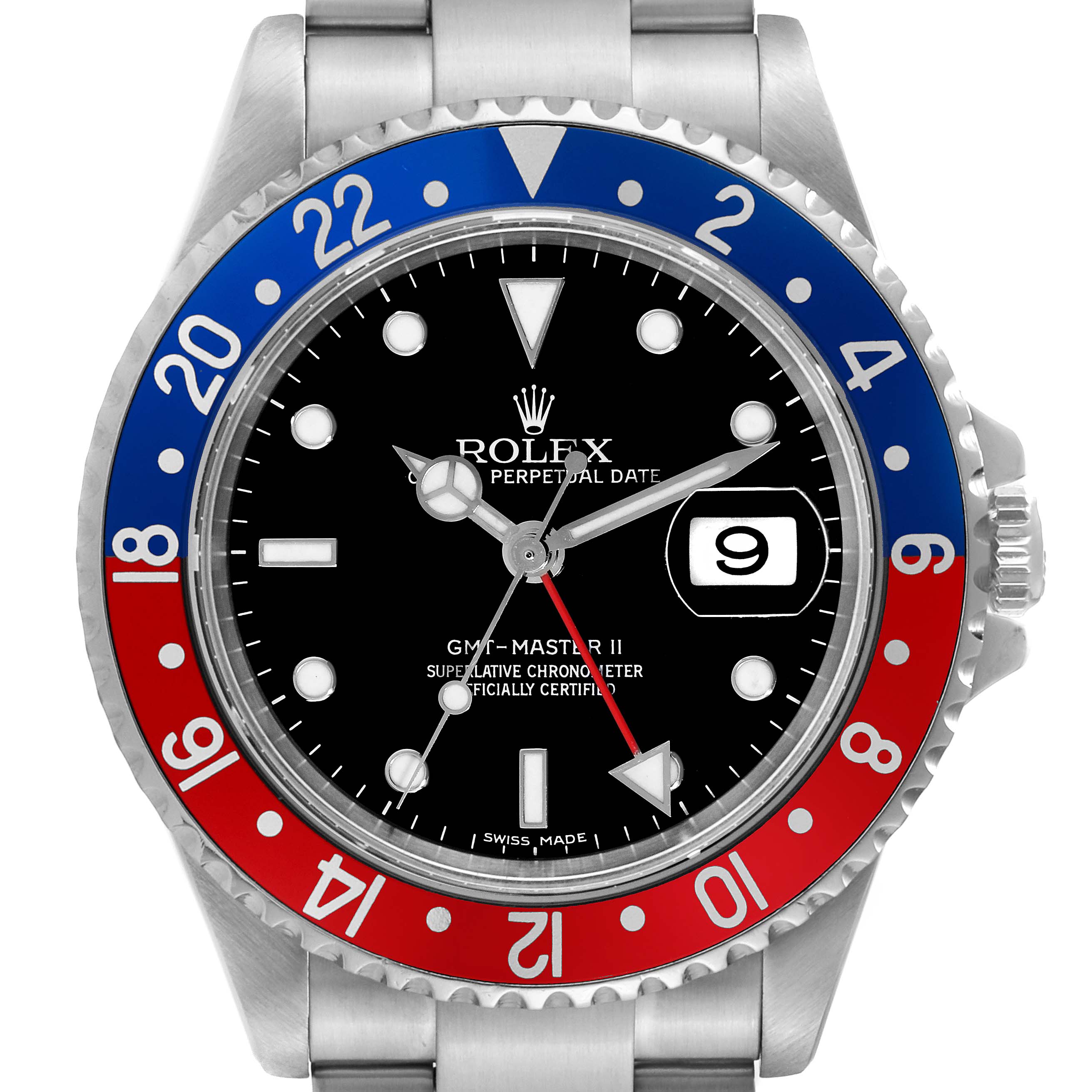 This is a front view of a Rolex GMT-Master 16710 Men's Stainless Steel Black Dial 16710 Men's Stainless Steel Black Dial II watch showcasing the dial, bezel, and part of the bracelet.