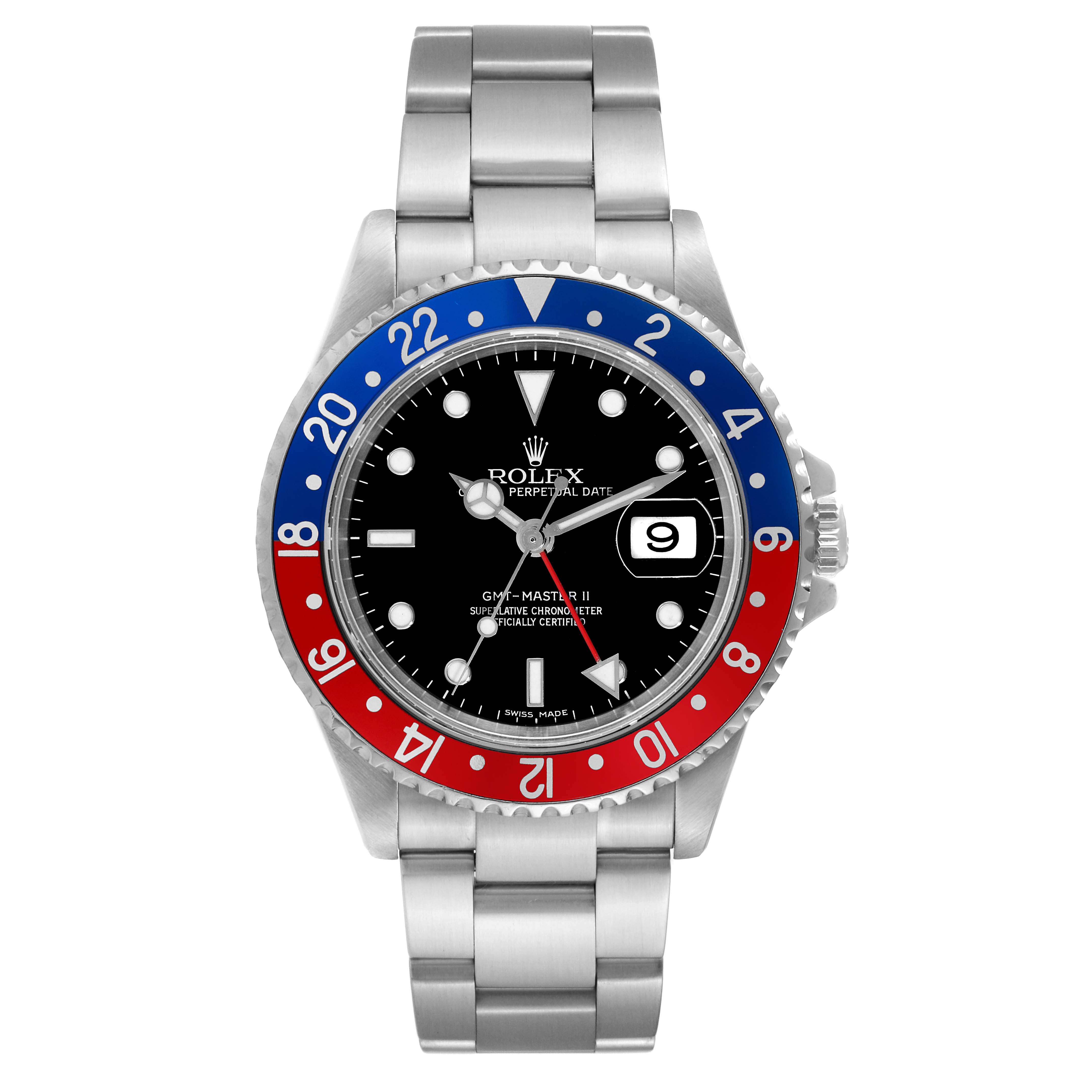 This image shows a frontal view of a Rolex GMT-Master 16710 Men's Stainless Steel Black Dial 16710 Men's Stainless Steel Black Dial II watch with a red and blue bezel and a stainless steel bracelet.