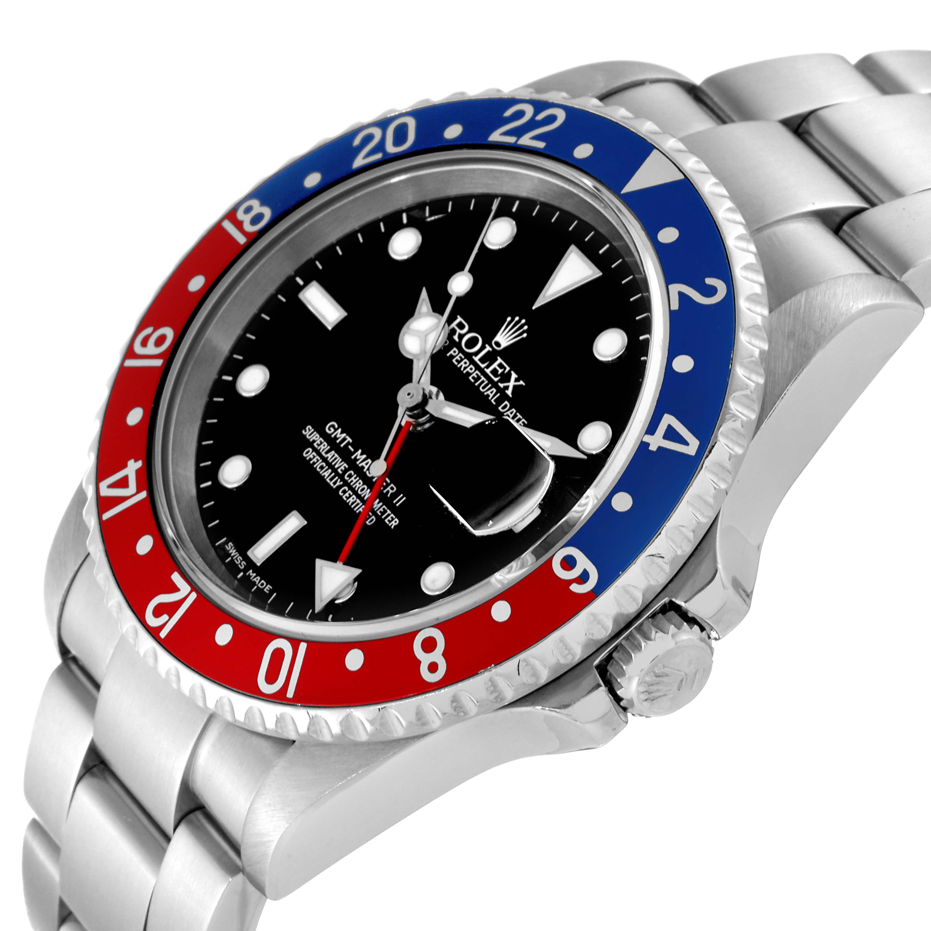 This Rolex GMT-Master 16710 Men's Stainless Steel Black Dial 16710 Men's Stainless Steel Black Dial watch is shown from an angled close-up, highlighting its bezel, dial, and bracelet.