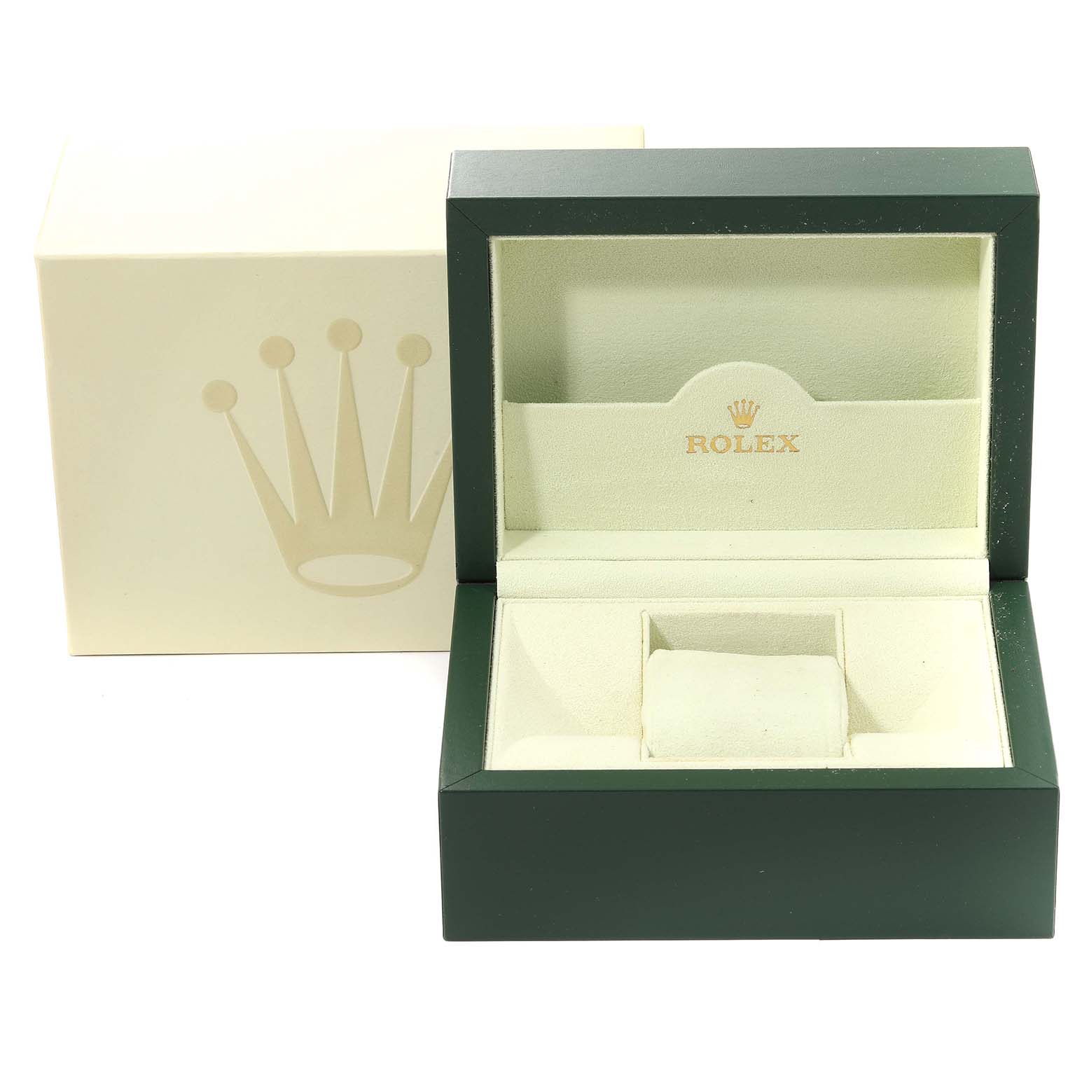 The image shows an open green and cream Rolex watch box with the brand logo, meant for the GMT-Master model.