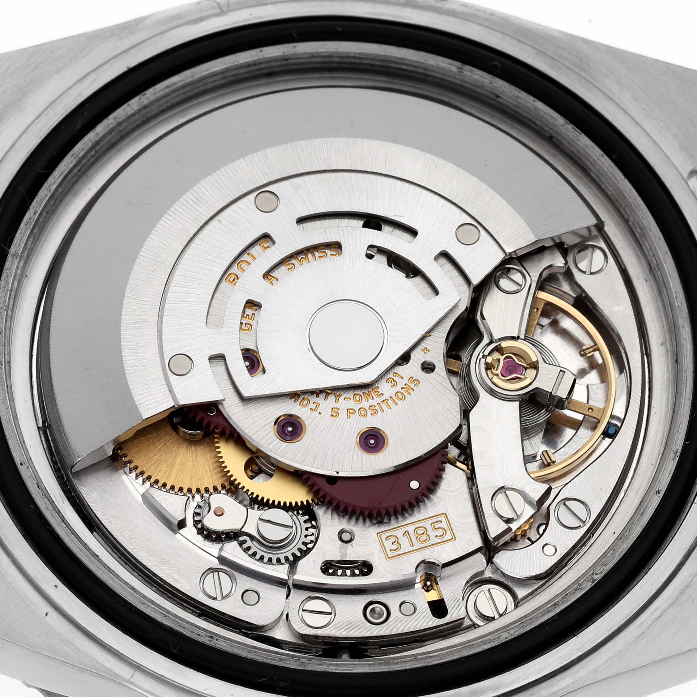 This image shows the internal mechanism and movement of the Rolex GMT-Master 16710 Men's Stainless Steel Black Dial 16710 Men's Stainless Steel Black Dial watch at a close-up angle.