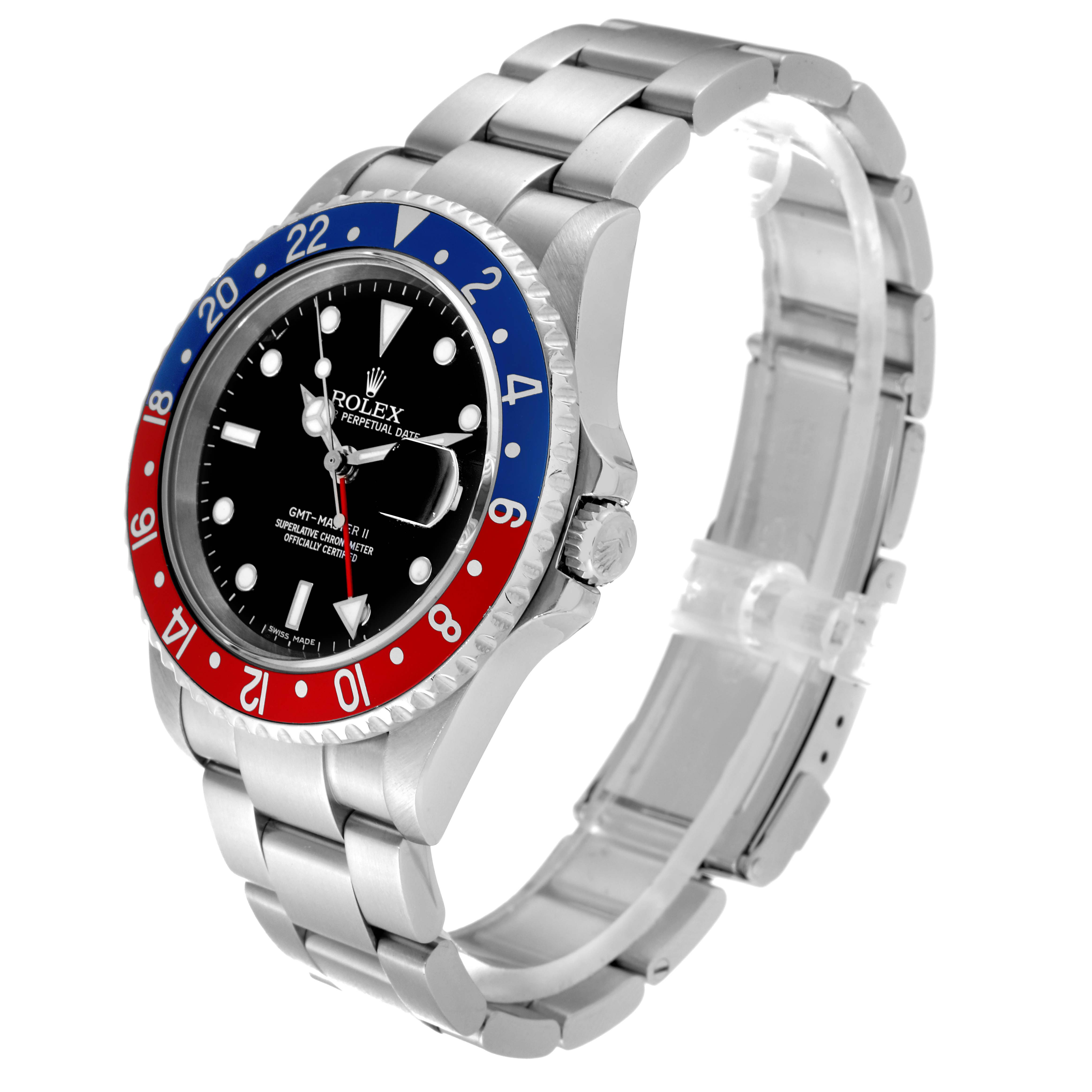 The image shows a side angle of a Rolex GMT-Master 16710 Men's Stainless Steel Black Dial 16710 Men's Stainless Steel Black Dial watch, highlighting its bezel, face, and bracelet.