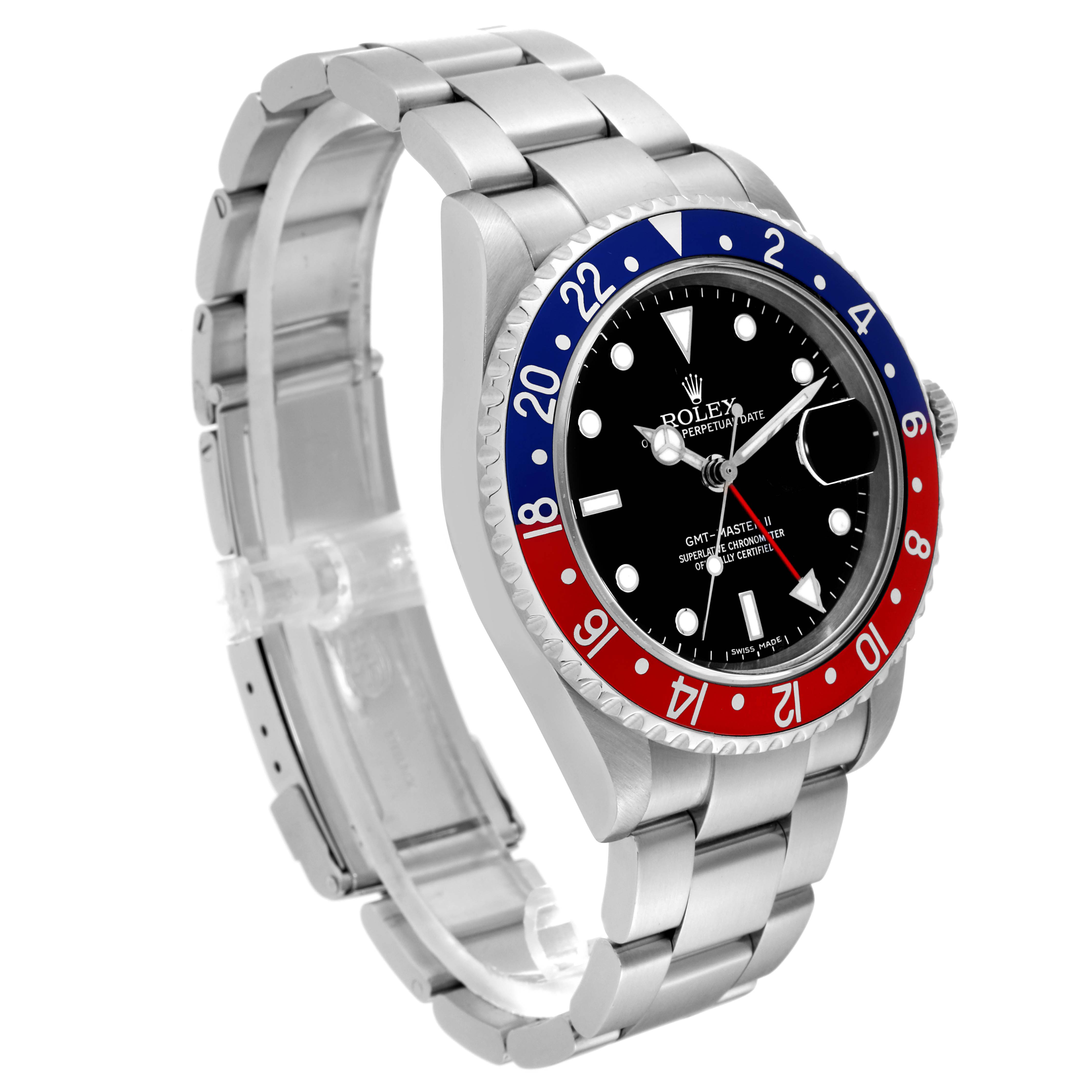 The Rolex GMT-Master 16710 Men's Stainless Steel Black Dial 16710 Men's Stainless Steel Black Dial watch is shown at an angled side view, displaying the face, bezel, and band.