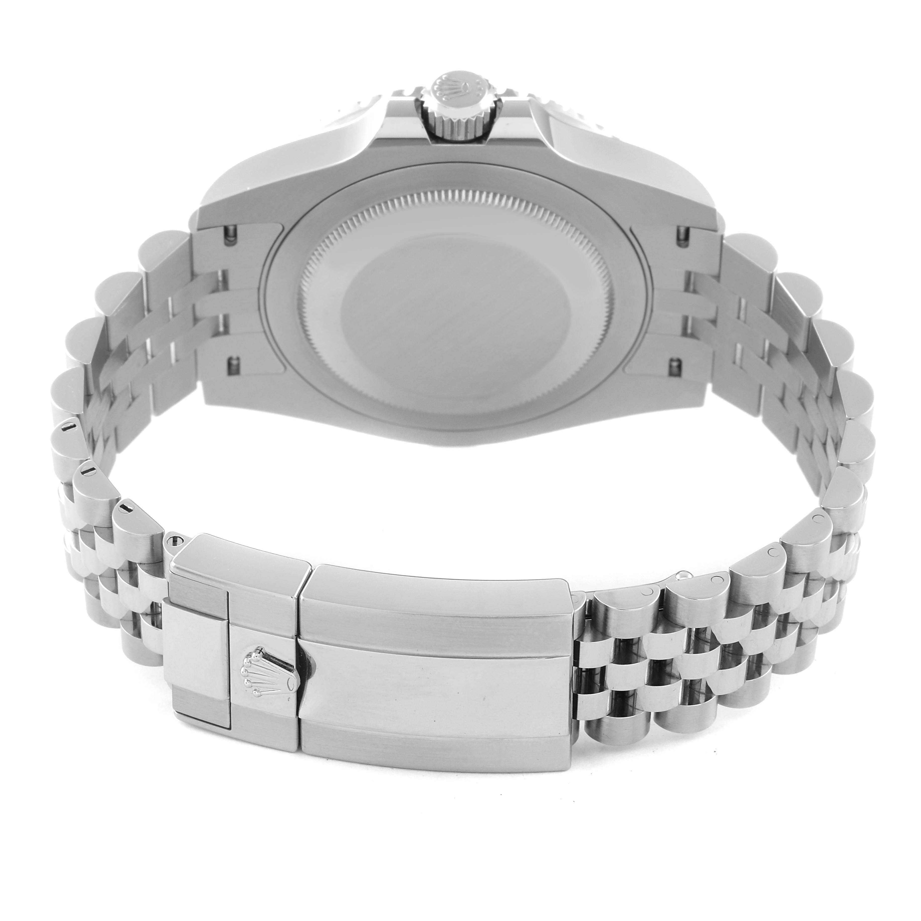 This image shows the back view of a Rolex GMT-Master 126710BLRO Men
s Stainless Steel Black Dial 126710BLRO Men
s Stainless Steel Black Dial watch, highlighting its clasp, bracelet, and case back.